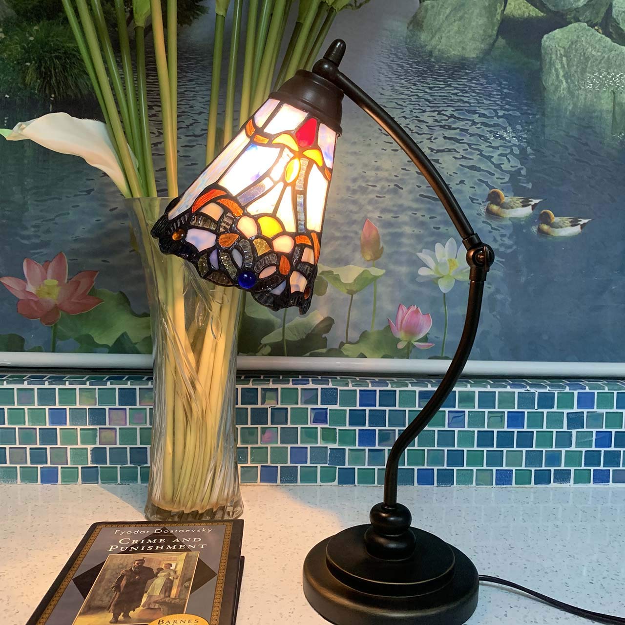 Bieye L10688 Tiffany Style Stained Glass Table Lamp with Swing Arm - Baroque Blue Night Light for Reading, Working & Home Decor | Perfect for Bedroom, Office & Living Room
