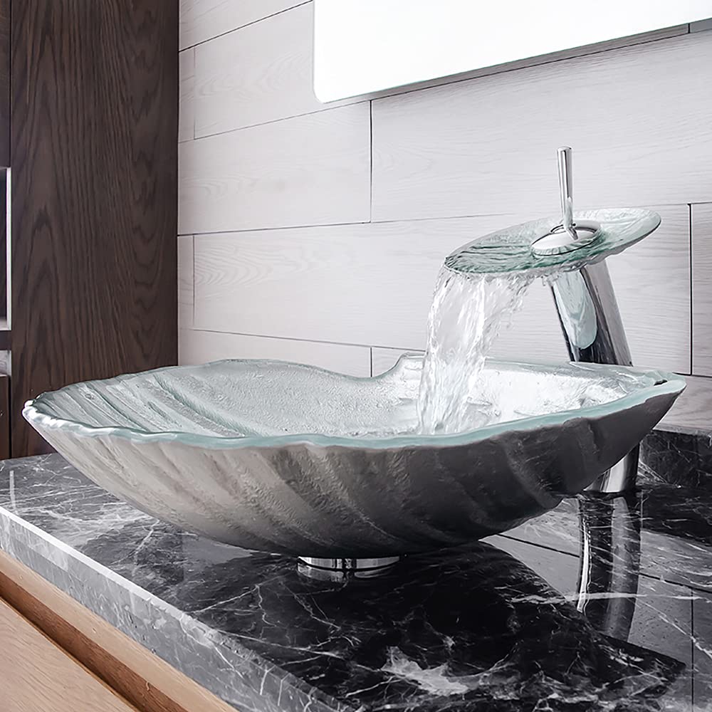 Lovedima Crystal Glass Vessel Sink - Transparent Shell Shaped Bathroom Vanity Wash Basin for Countertop Installation with Faucet | Modern Bathroom Decor for Master Bath, Powder Room & Guest Bath