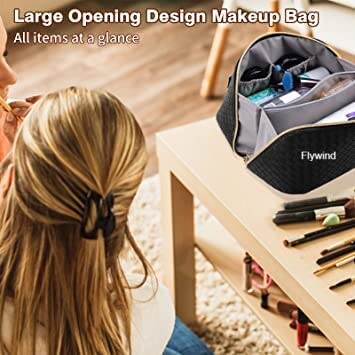 Flywind Travel Makeup Bag for Women - PU Leather Cosmetic Organizer with Large Opening | Portable Toiletry Case for Makeup Brushes & Cosmetics | Perfect for Vacation, Gym & Daily Use (Black)