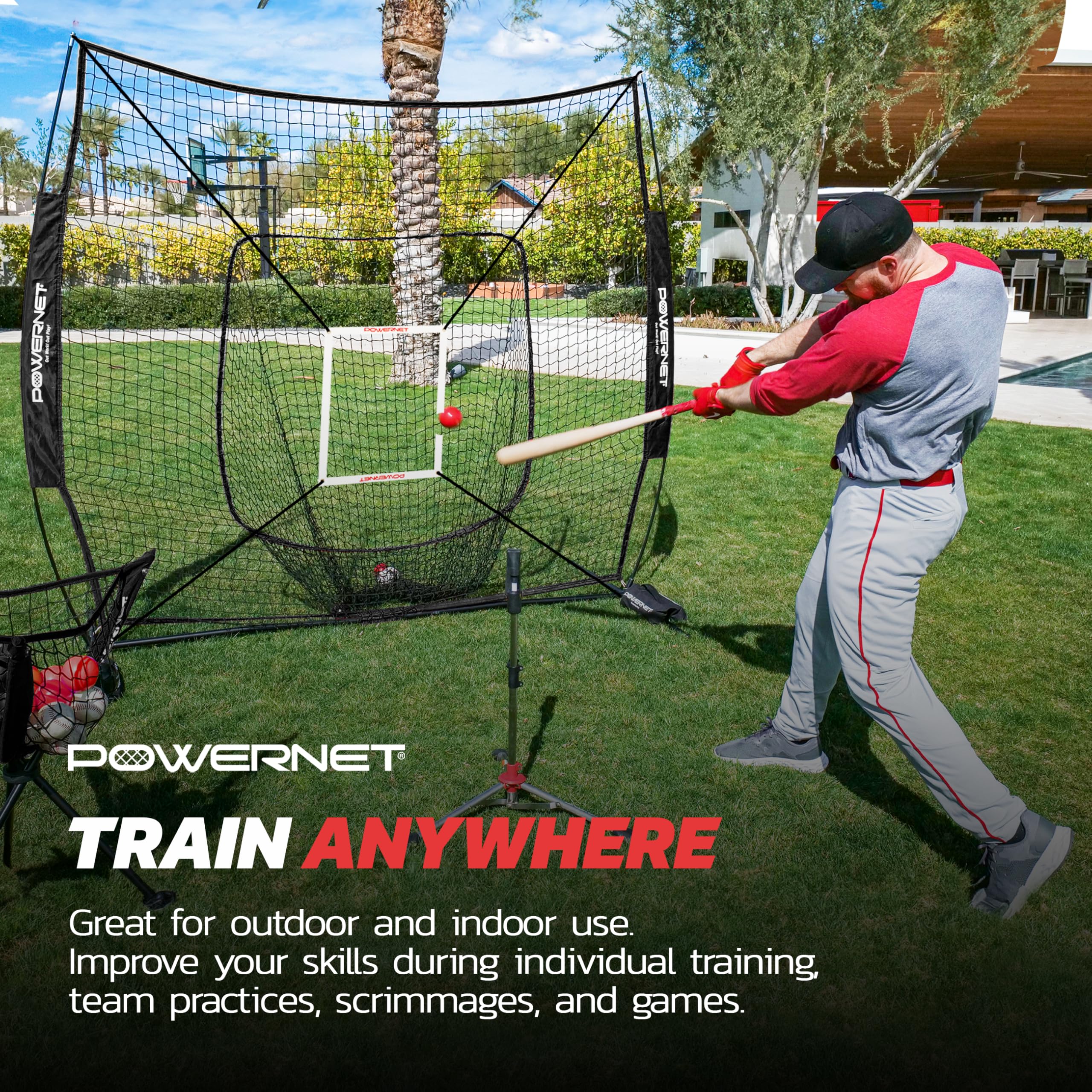 PowerNet 7x7 Baseball & Softball Training Net with Pitching, Batting & Fielding Accessories - Includes Ball Caddy, Weighted Baseballs & Hitting Tee - Perfect for Backyard Practice, Team Drills & Solo Training Sessions