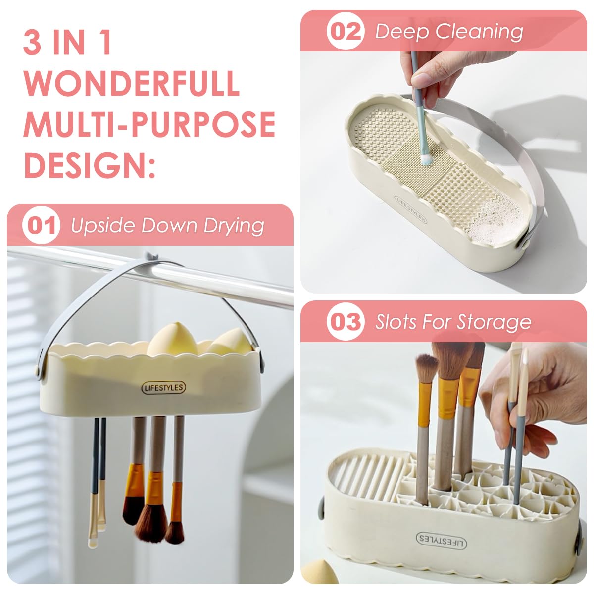 3-in-1 Silicone Makeup Brush Cleaner Bowl with Drying Rack | Professional Brush Cleaning Mat & Organizer for Makeup Brushes, Beauty Sponges & Powder Puffs (White) | Perfect for Home & Salon Use