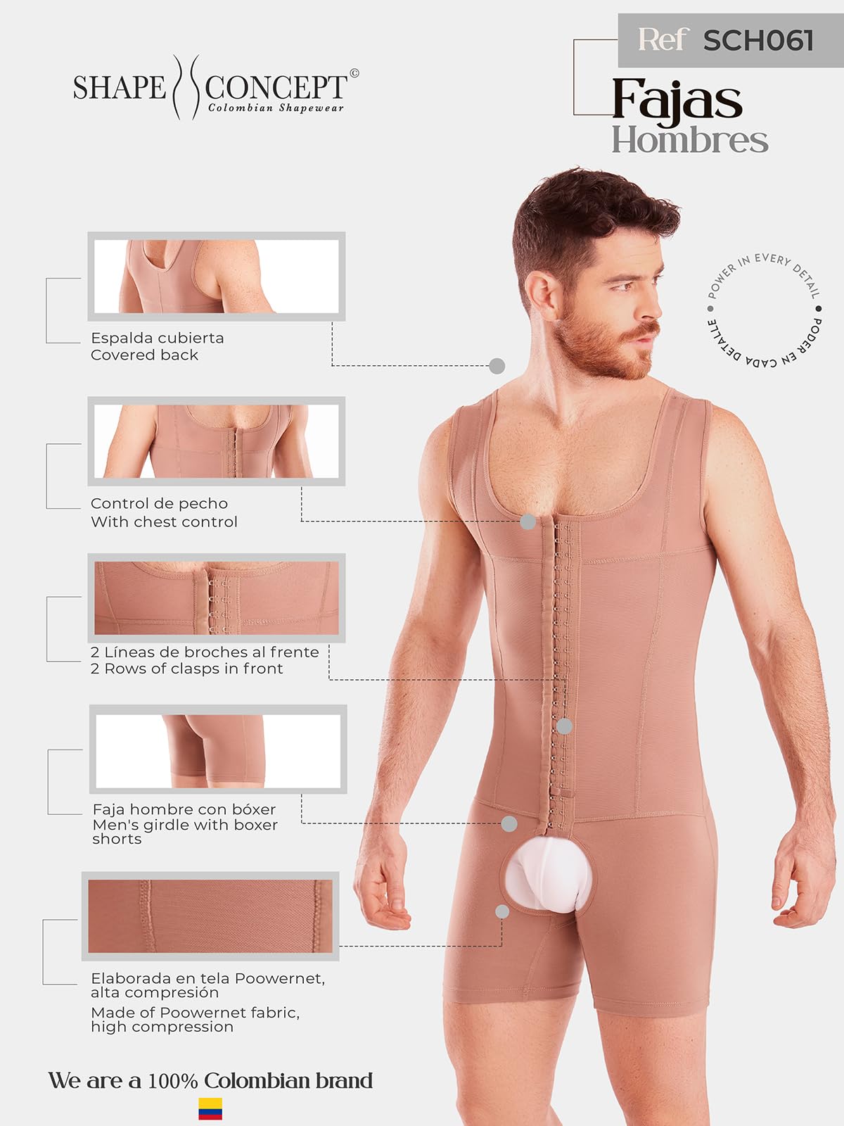 SHAPE CONCEPT Men's Shapewear 361 - Colombian Faja for Men with Stomach Compression, Hooks & Abdomen Control - Perfect for Post-Surgery, Weight Loss & Body Shaping