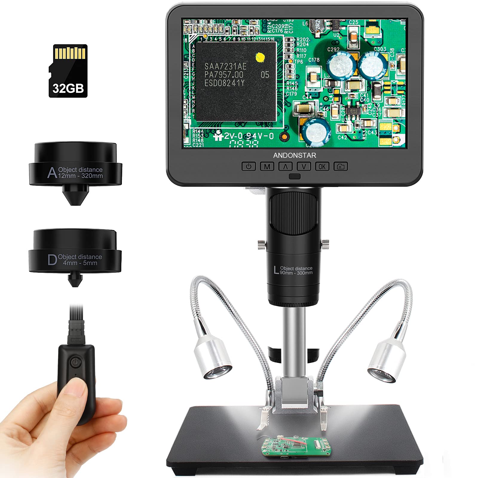 Andonstar AD246-M Digital Microscope with 3 Lenses - 7 Inch LCD 500x Magnification, 1080P FHD Video Recording, 32GB Card Included - Perfect for Soldering, Coin Inspection, Biology Studies & Electronics Repair