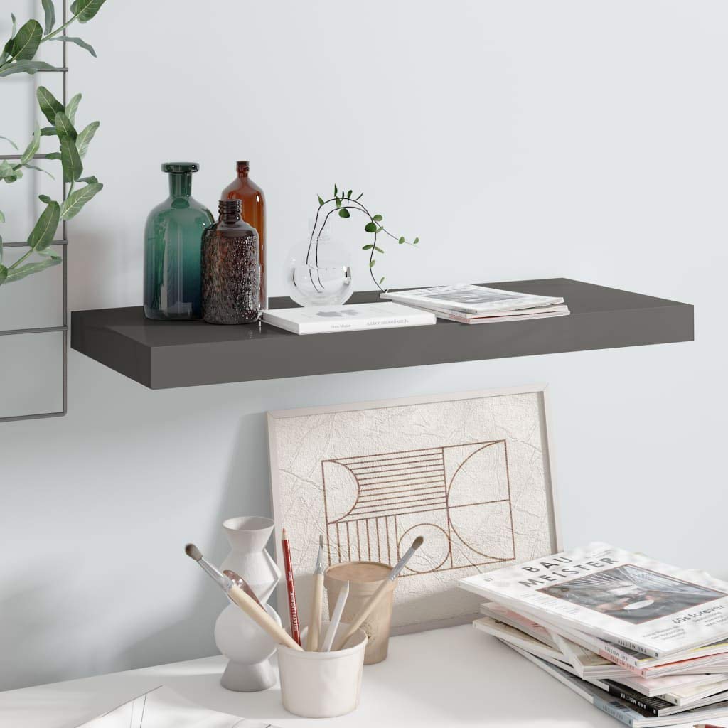Floating Wall Shelf - High Gloss Gray MDF Wall Mounted Shelf - 23.6