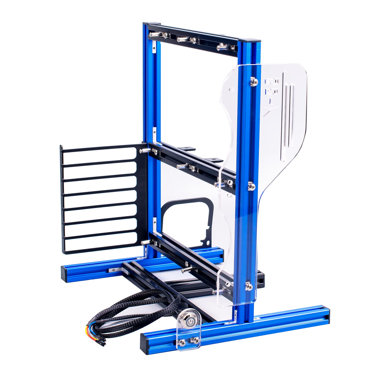 PUSOKEI DIY Open Frame Computer Case Bracket - Vertical Aluminum Stand for ATX/MATX/ITX Motherboards - Full Naked Heat Dissipation (Blue) - Perfect for Custom PC Builds, Gaming Rigs & Tech Showcases