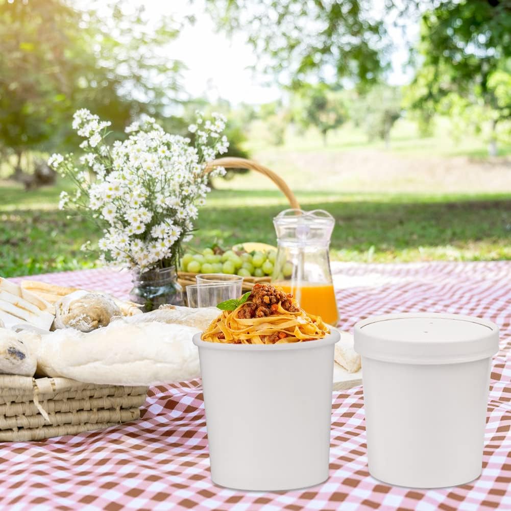 16 oz Disposable Paper Soup Cups - 50 Pack White Food Containers with Vented Lids for Hot Soups, Desserts & Ice Cream | Perfect for Takeout, Catering & Party Serving
