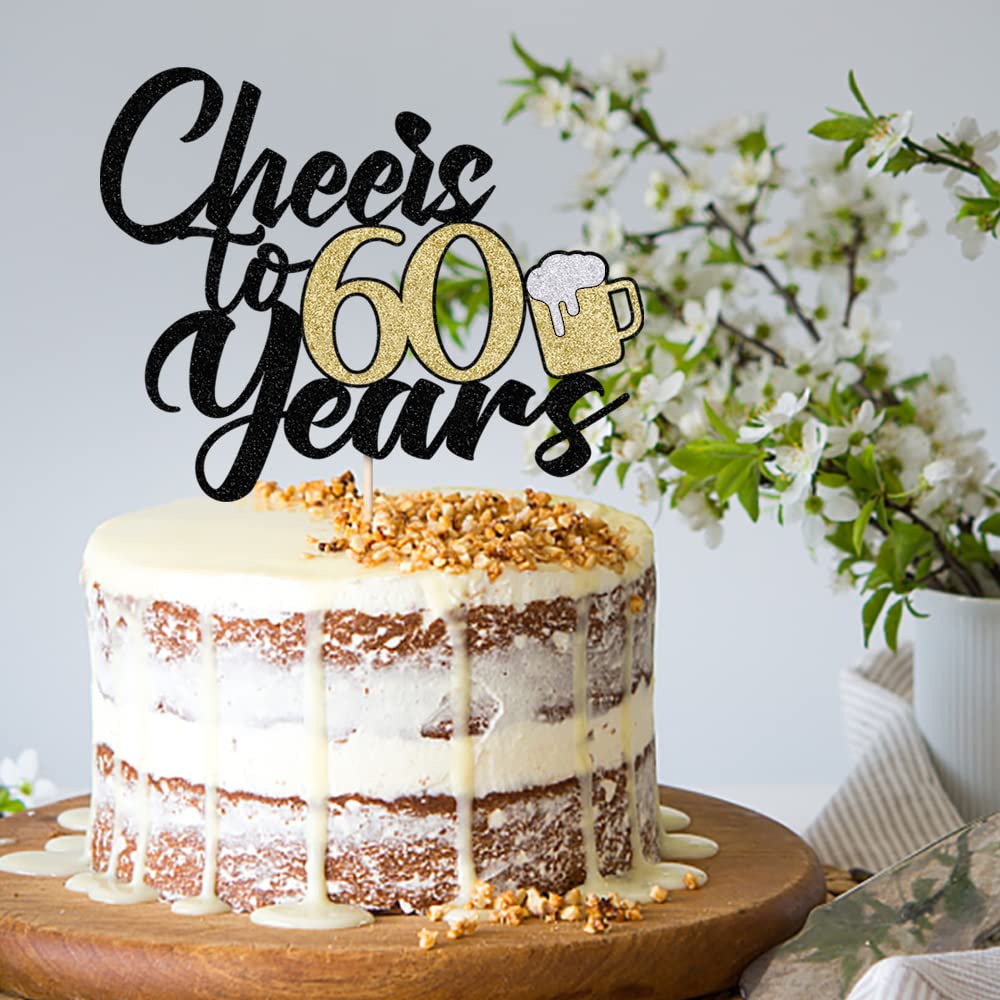 Kaoenla Black Gold Glitter 'Cheers To 60 Years' Beer Cake Topper - Elegant 60th Birthday Decor for Men & Women, 60th Wedding Anniversary Party Supplies, Milestone Celebration Cake Decoration (60) - Perfect for Retirement Parties, Diamond Anniversary Events & Golden Birthday Celebrations
