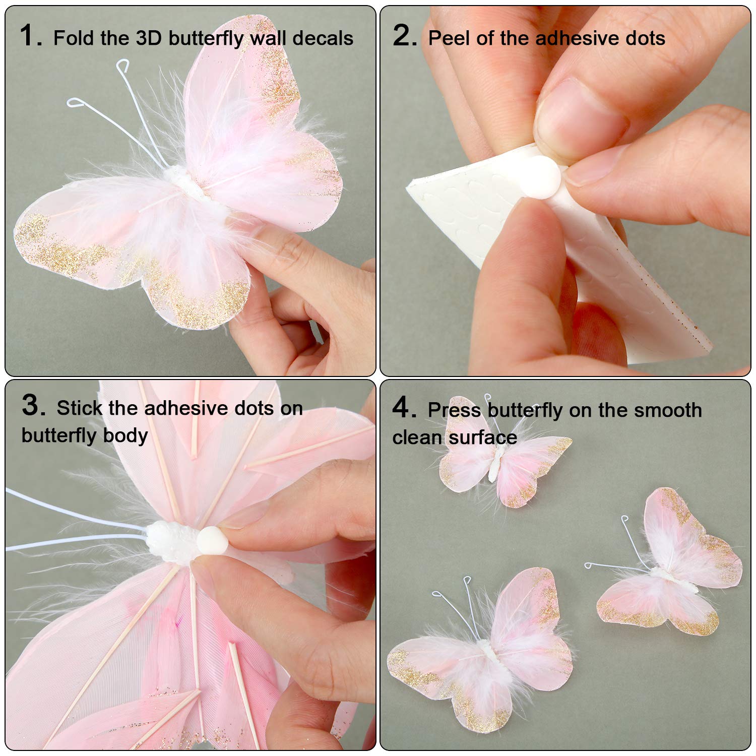 16-Piece 3D Gold Glitter Butterfly Wall Decals - Feather Butterfly Stickers for Home, Office, Bedroom, Bathroom & Living Room Decor (Light Pink) | Perfect for Nursery, Wedding, Party & DIY Wall Art Projects