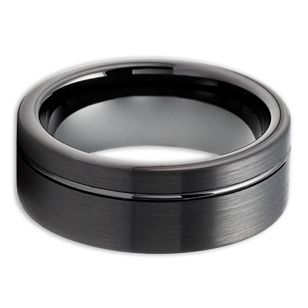 Black Tungsten Carbide Wedding Band for Men - 8mm Comfort Fit Ring with Offset Groove - Durable Anniversary & Engagement Ring - Perfect for Weddings, Proposals & Special Occasions