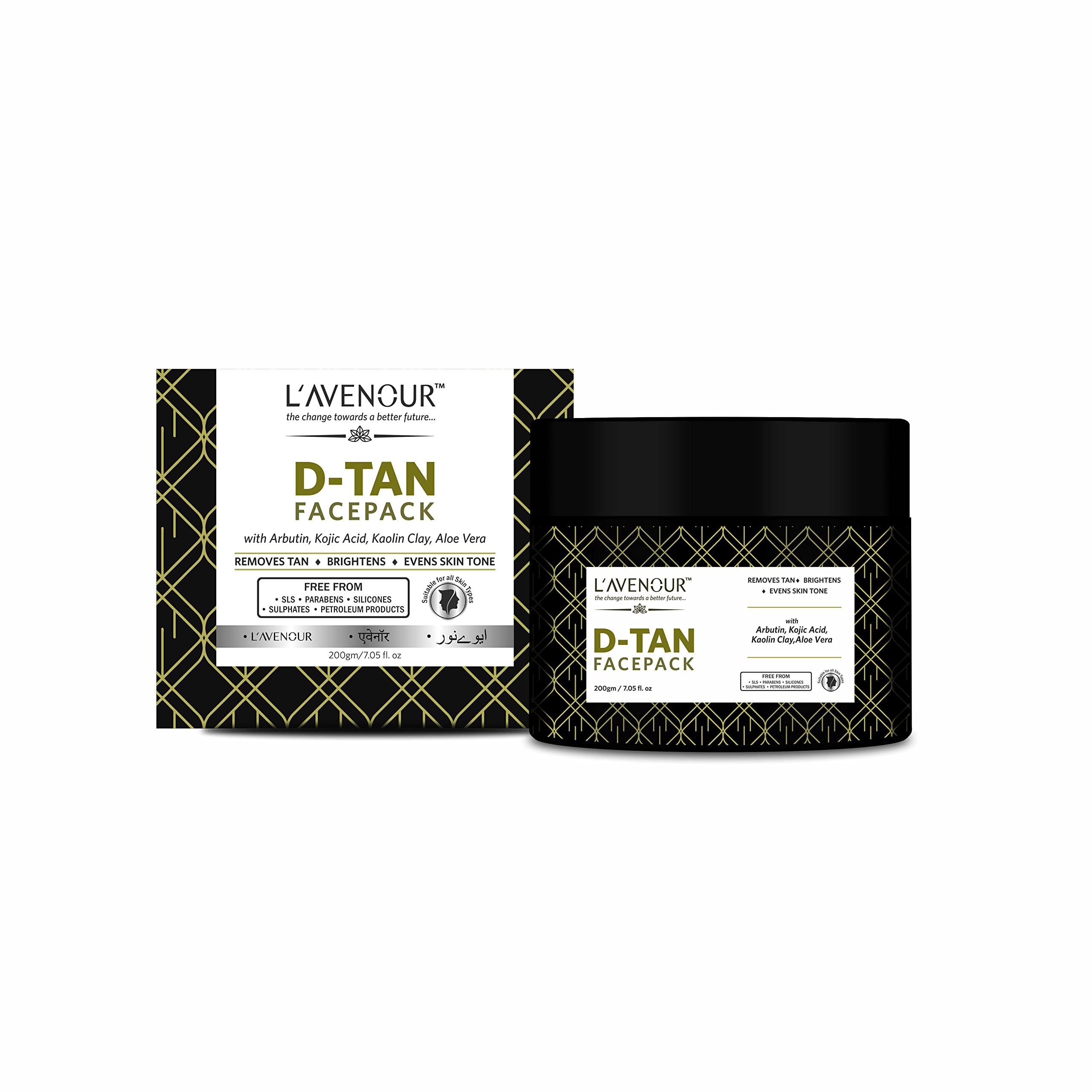 L'avenour D-Tan Face Pack with Aloe Vera, Kaolin Clay & Arbutin - Skin Brightening, Tan Removal & Tone Evening Treatment for All Skin Types (200g) | Perfect for Post-Sun Care, Daily Glow & Radiant Complexion