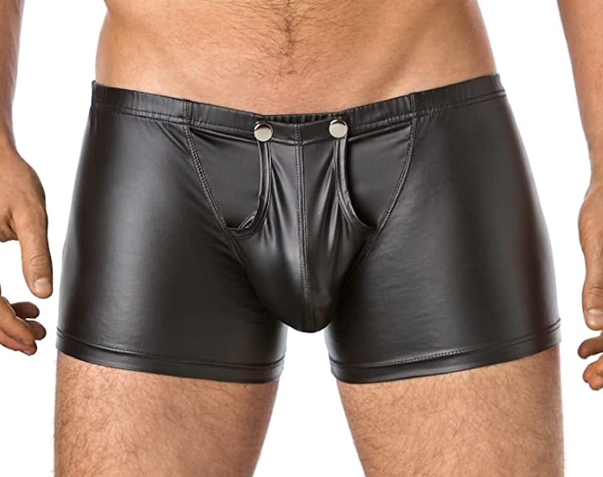 Men's Latex/Vinyl Look Boxer Shorts with Closure - Wet Look Shiny Underwear for Fetish, Cosplay & Sensual Wear