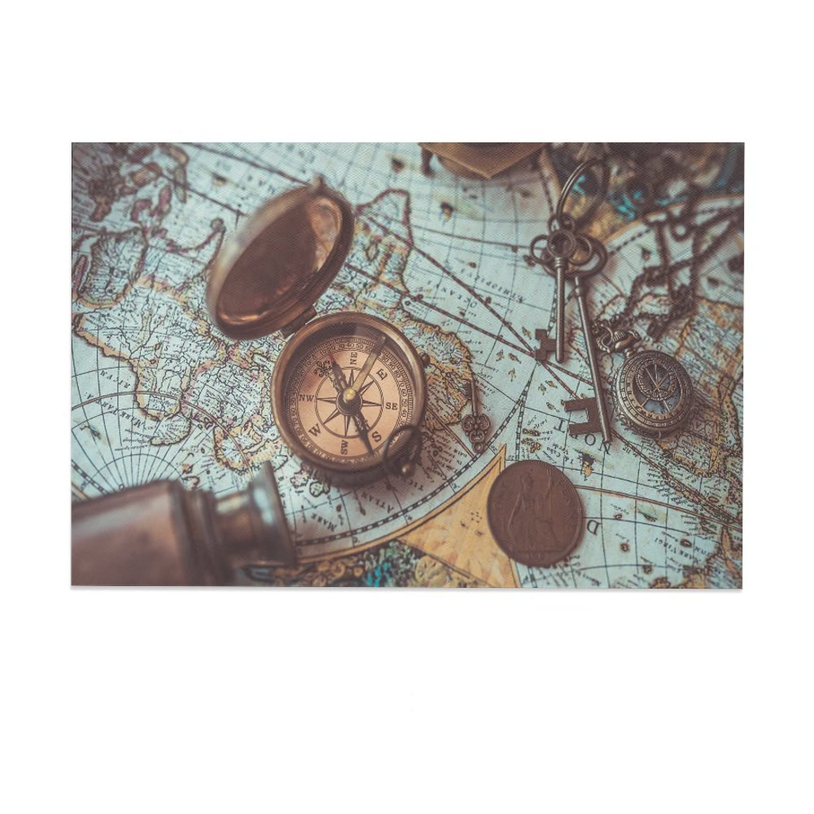 Vintage Compass & Old Map Canvas Wall Art - 12x18 Inch (30x45cm) Framed Poster for Bedroom, Living Room, Office Decor - Perfect Gift for Travel Lovers & Home Decoration - Ideal for Coastal, Nautical or Adventure Themed Spaces