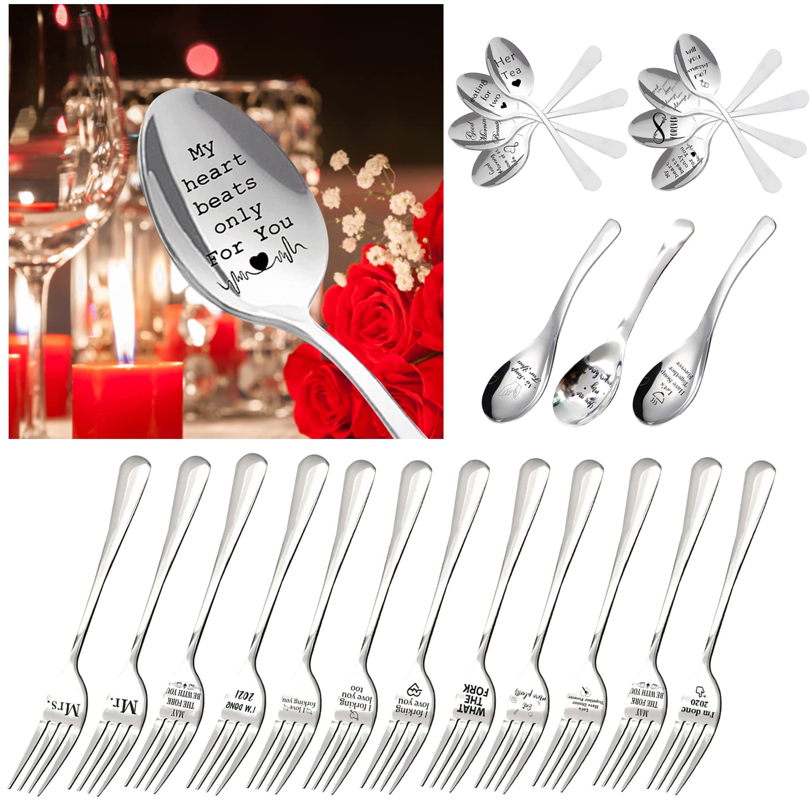 Personalized Engraved Stainless Steel Fork & Spoon Set - Funny Inspirational Utensil for Valentine's Day, Anniversary, Wedding, Birthday Gift for Boyfriend/Girlfriend - Perfect for Romantic Dinners, Special Occasions & Unique Gifting