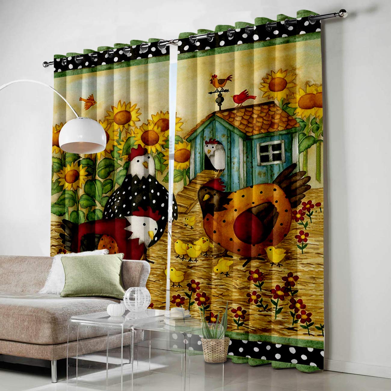 SODIKA Sunflower Cartoon Curtains 52x84 Inch for Living Room & Bedroom - Chicken Family Retro Design