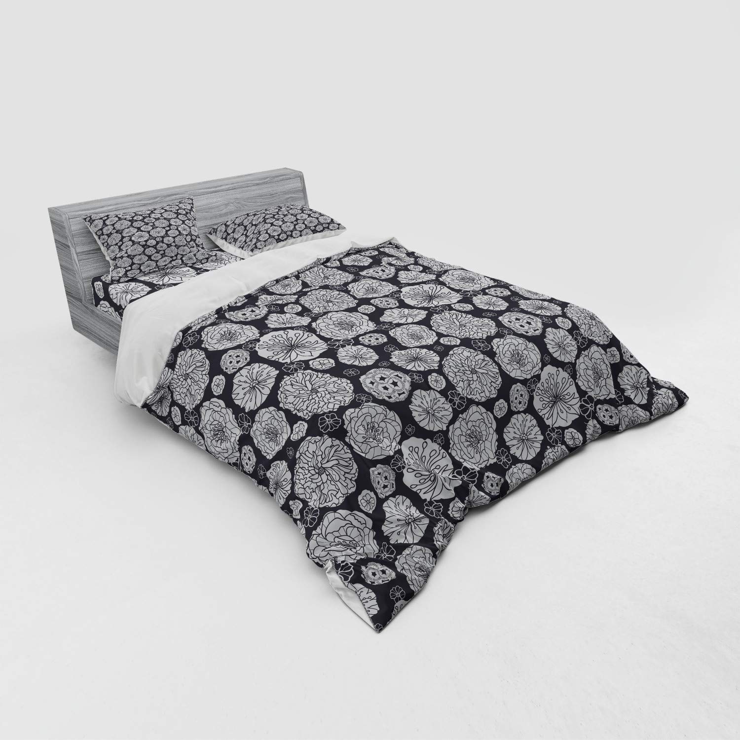 Ambesonne Floral Duvet Cover Set - Queen Size 4-Piece Bedding Set with Shams & Fitted Sheet, Black and White Hand-Drawn Dandelion Flower Leaf Print | Botanical Garden Theme Bedroom Decor for Spring & Summer