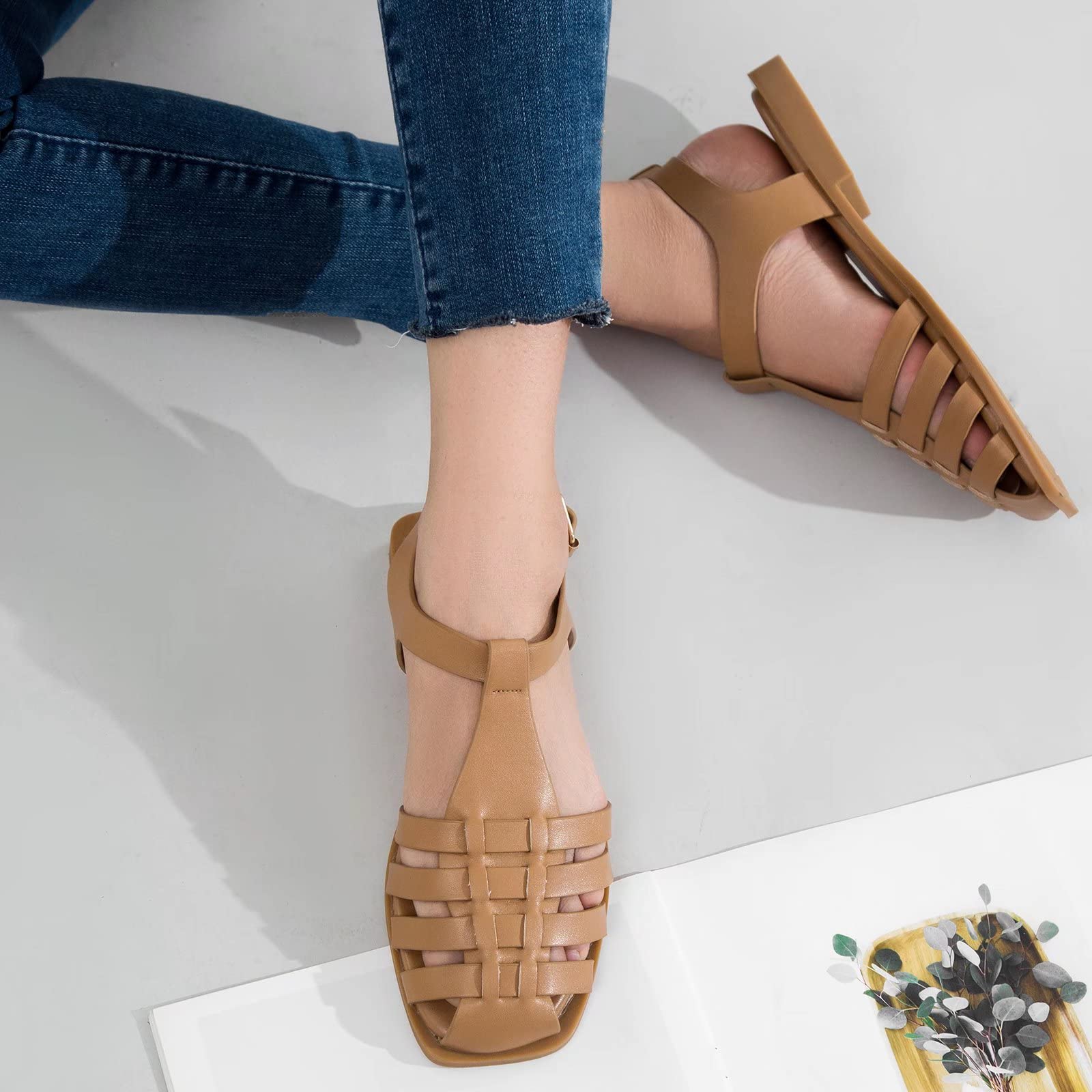 MaxMuxun Women's Comfortable Closed Toe Flat Sandals with Ankle Strap - Breathable Cut-Out Cage Design for Summer | Perfect for Beach, Vacation, and Casual Outfits