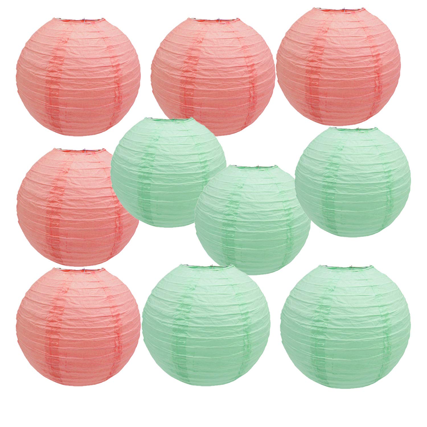 8inch Coral & Mint Green Paper Lanterns - 10Pcs for Birthday, Baby Shower, Bridal Shower, Wedding, Christening & Nursery Decor - Perfect for Party Room Decorations & Indoor Events
