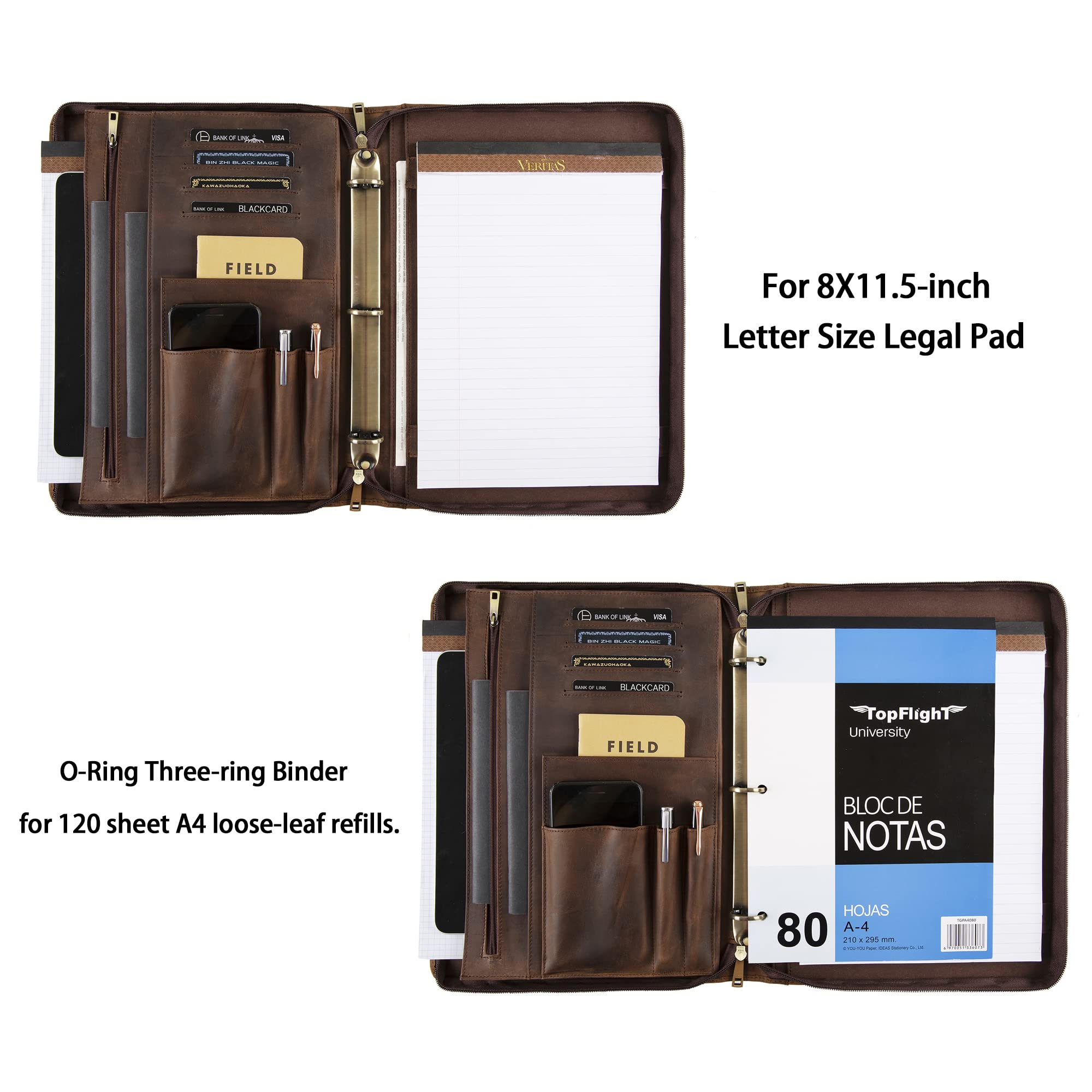 Premium Leather Portfolio Binder - 3 Ring Organizer with Zipper for iPad & Laptop | Professional Padfolio for Men | Business Document Holder | Perfect for Office, Meetings & Job Interviews (Dark Khaki)
