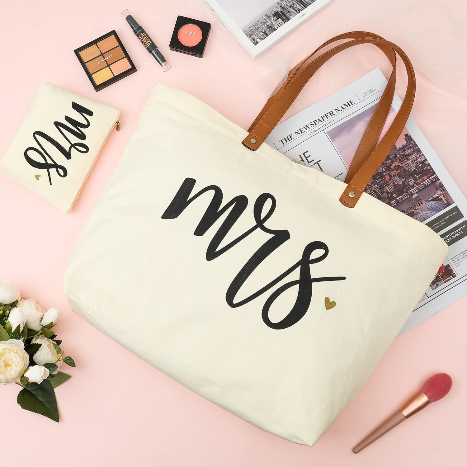 Bride Tote Bag with Makeup Pouch - Perfect Wedding Gift for Bridal Showers, Bachelorette Parties & Honeymoon Travel - Large Canvas Shoulder Bag with Cosmetic Organizer for Brides-to-Be