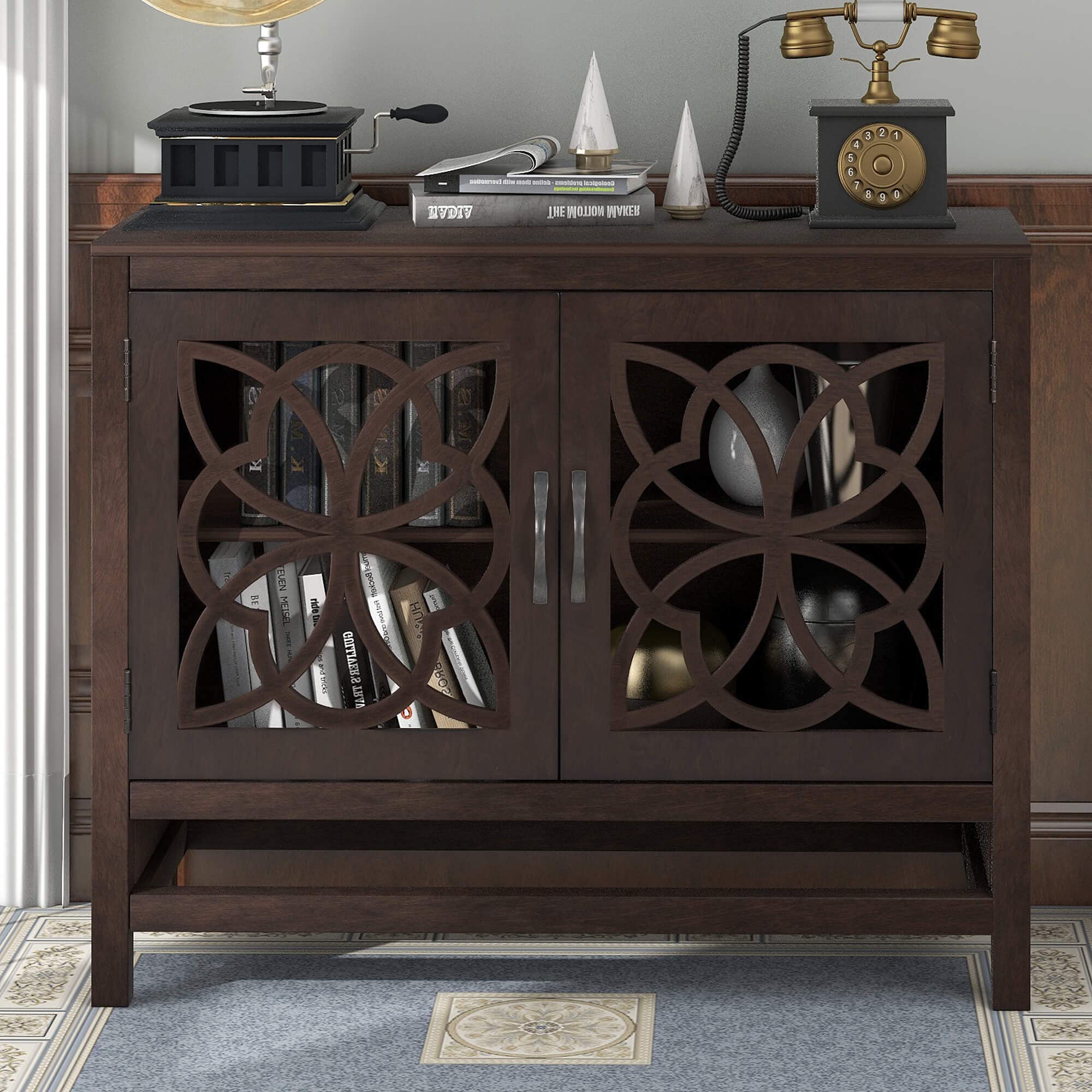 Modern Buffet Sideboard Storage Cabinet with Tempered Glass Doors & Adjustable Shelf - Wood Accent Console Cupboard for Dining Room, Living Room, Entryway (Brown) - Stylish Home Organization & Display Solution