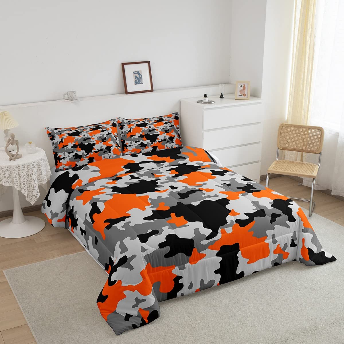 **Army Camouflage Comforter Set 3Pcs Queen Size - Kids Boys Girls Teens Youth Bedding - Orange Grey Black Camo Design - Perfect for Bedroom Decor & Military Theme Rooms**