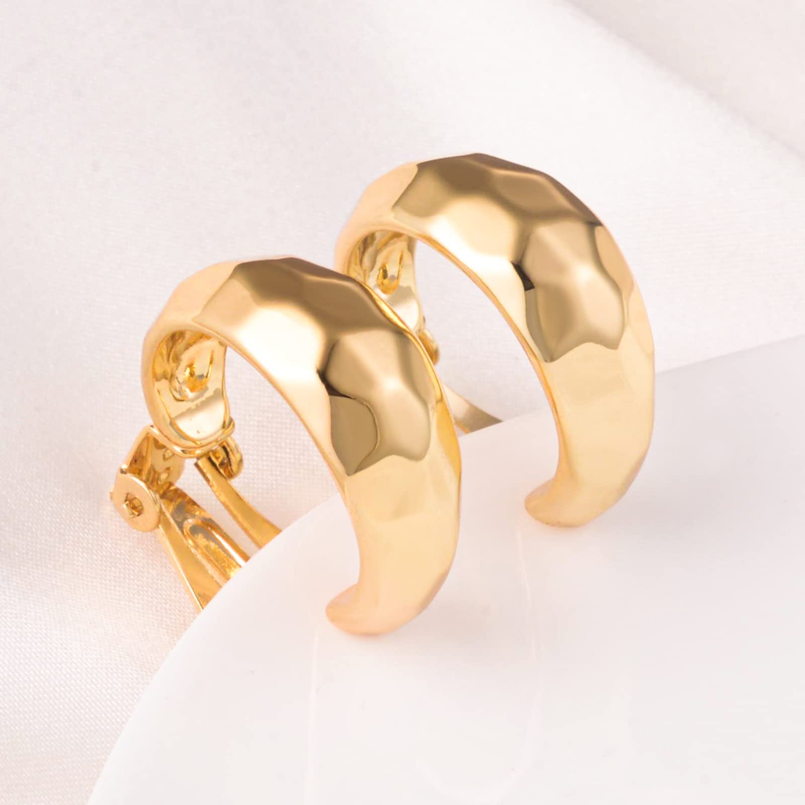 14K Gold Clip-On Hoop Earrings for Women - Hypoallergenic Non-Pierced Croissant Ear Cuffs | Perfect for Sensitive Ears, Weddings & Special Occasions