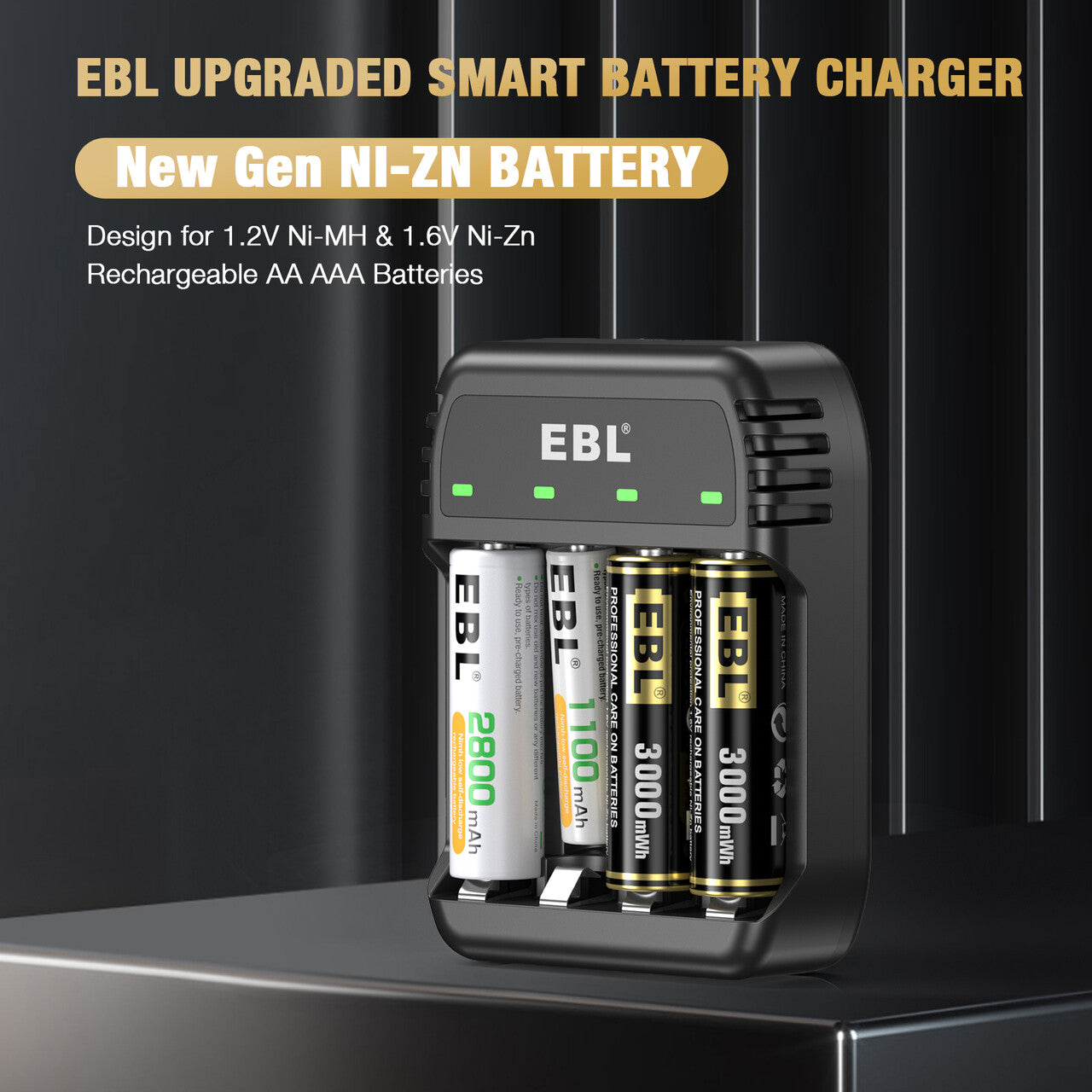 EBL 4 Bay Ni-Zn/Ni-MH Battery Charger with 4 Rechargeable AA Ni-Zn Batteries - Fast Charging for Cameras, Flashlights & Electronic Devices