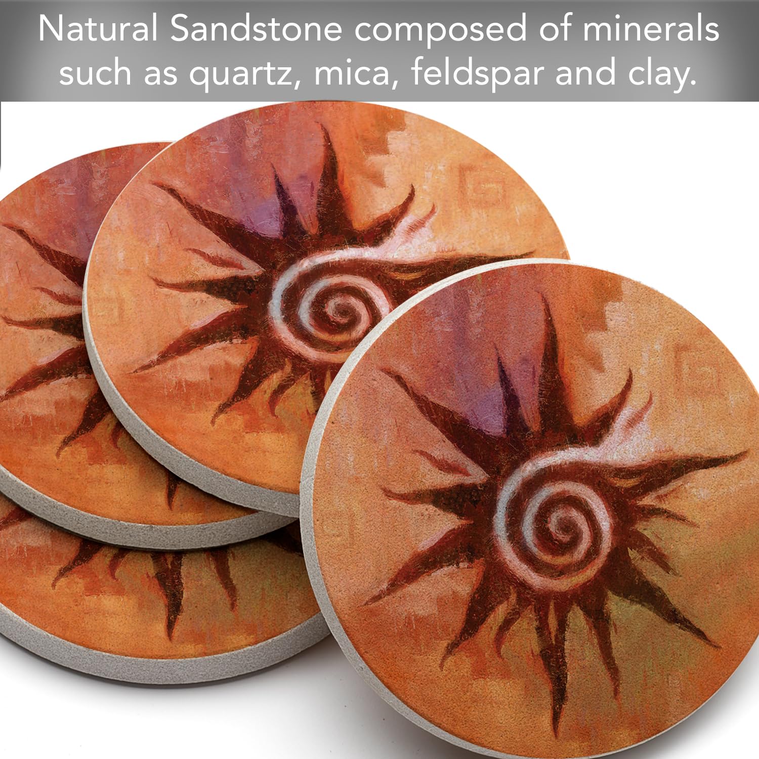 Thirstystone Spiral Sun Natural Sandstone Coaster Set of 4 | Eco-Friendly, Absorbent & Easy to Clean Coasters | Perfect for Coffee, Wine & Beverage Protection on Tables