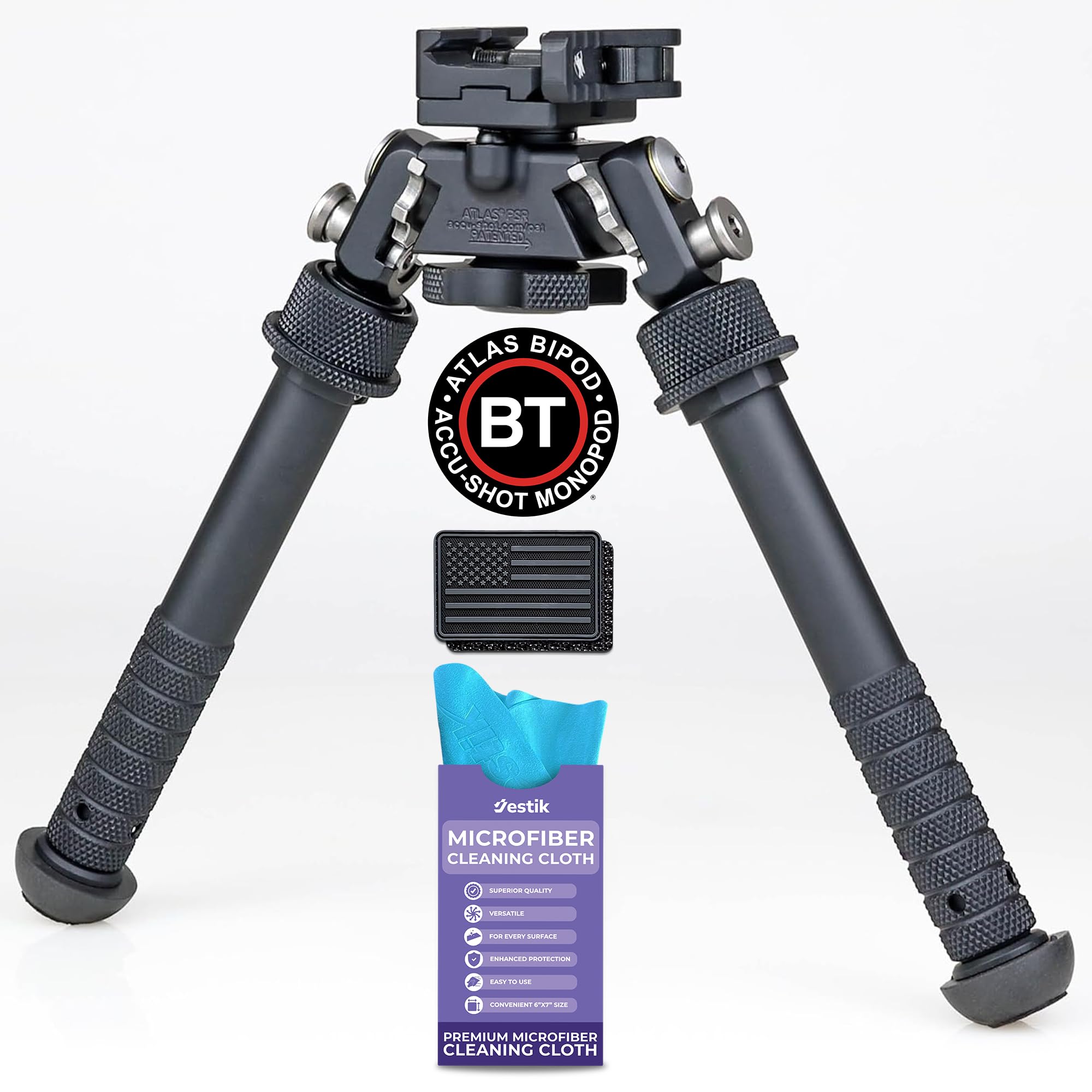 **Accu-Shot Atlas Bipod BT46-LW17 PSR with ADM 170-S Lever - USA Flag Patch & Jestik Microfiber Cleaning Cloth - Precision Shooting & Hunting Accessories**