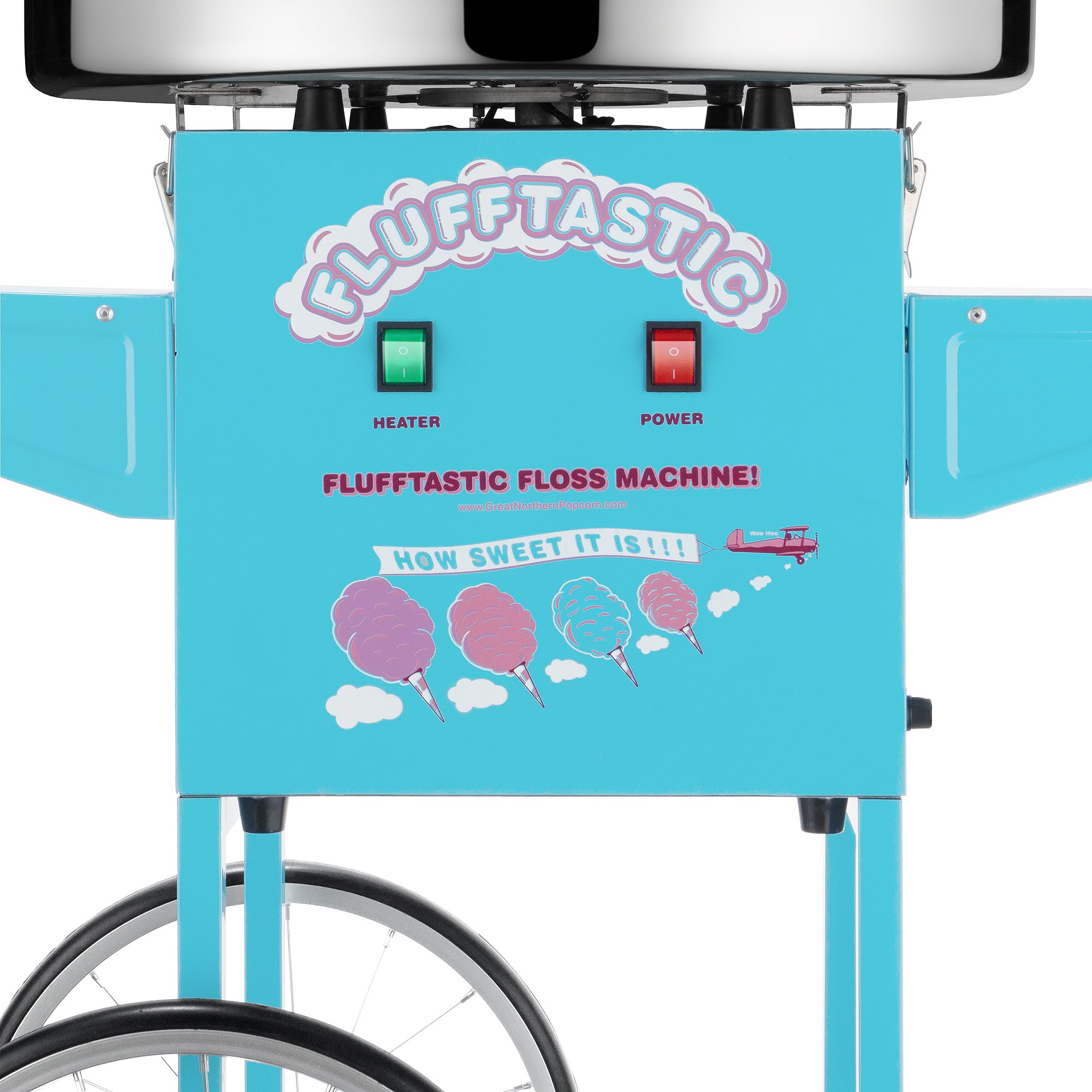 Great Northern Popcorn 1000W Cotton Candy Machine with Cart - Stainless Steel Bowl, Side Trays & 13