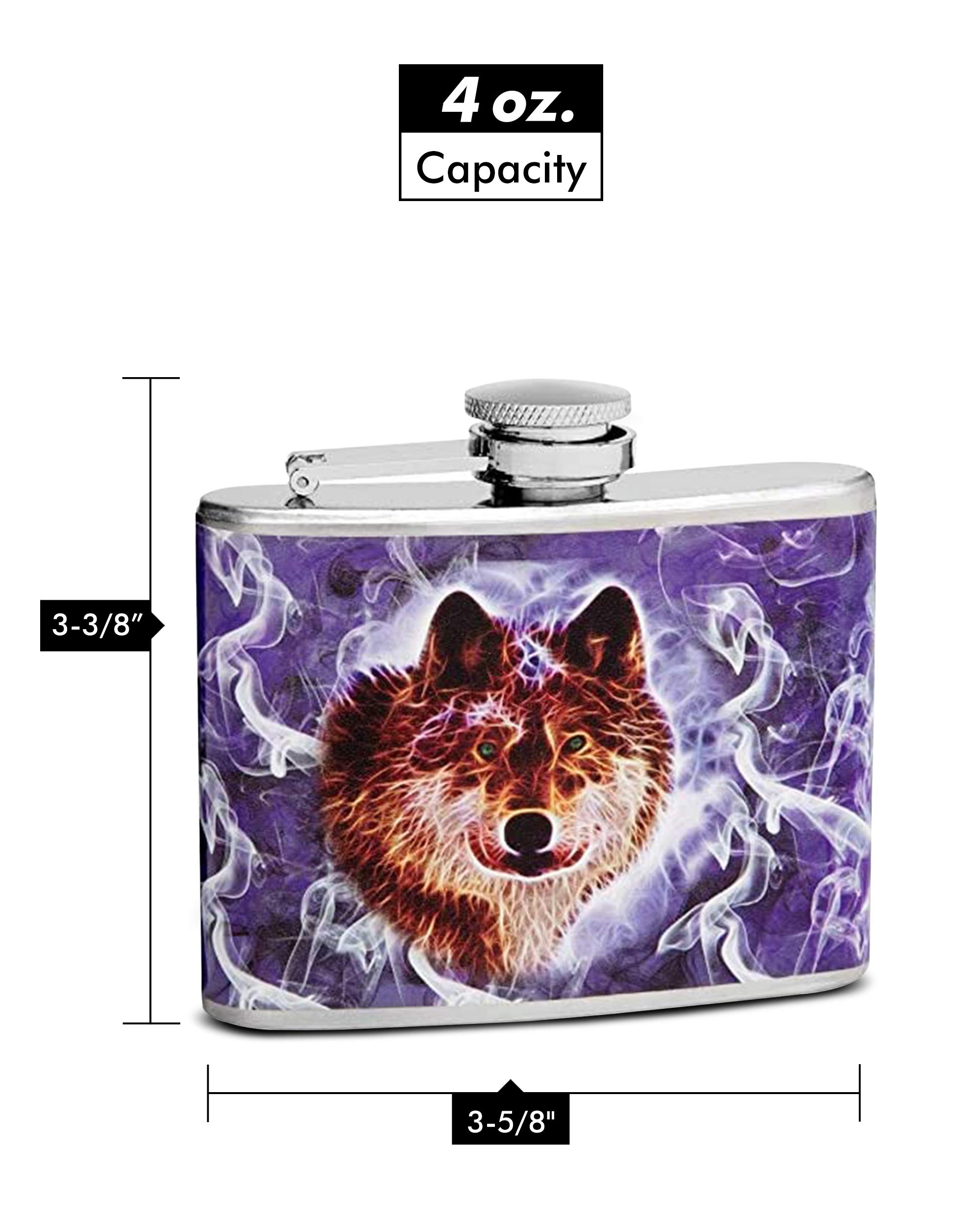 Premium Stainless Steel Hip Flask Gift Set with Wolf Design - 4 oz Flask, Refill Funnel & 2 Shot Glasses - Perfect for Outdoor Adventures, Camping, Hunting & Gifts - Elegant Gift Box Included