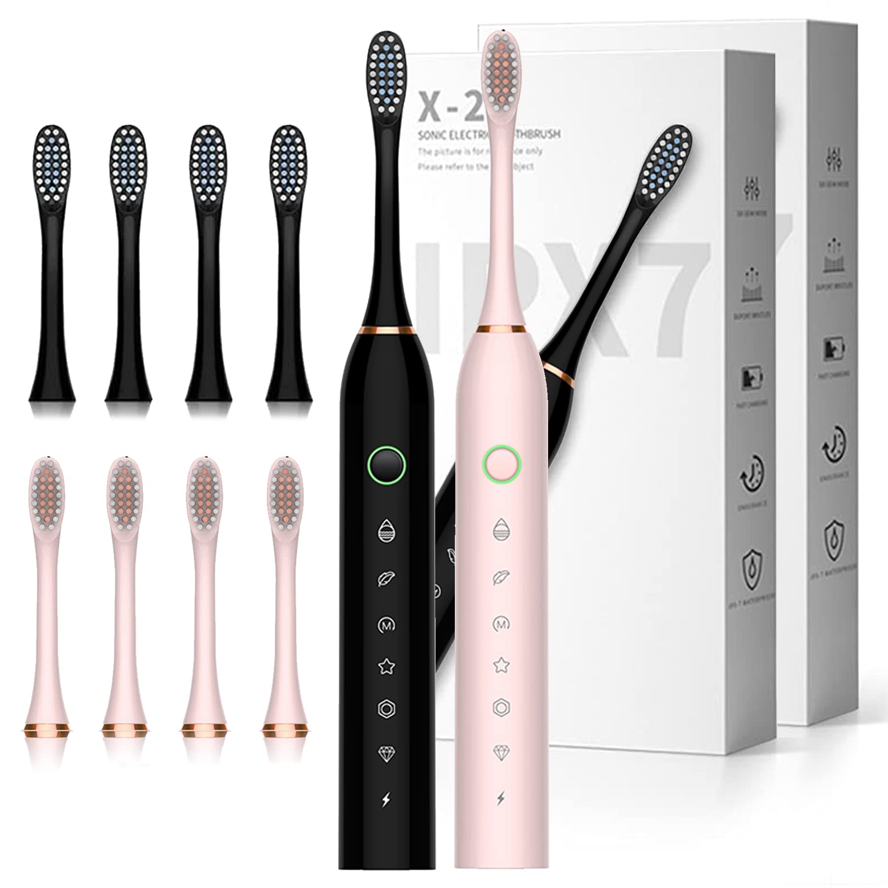 2 Pack Sonic Electric Toothbrush for Adults - 42,000 VPM, 6 Cleaning Modes with Smart Timer, IPX7 Waterproof & 8 Replacement Brush Heads - Perfect for Travel, Home Use and Gift Giving