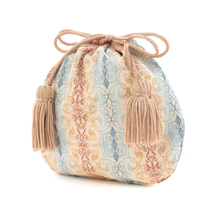 Nishijin Ori Small Drawstring Bag - Grapevine Brown & Blue - Handmade Kyoto Japan - Traditional Japanese Craft Purse - Perfect for Jewelry Storage & Gift Giving