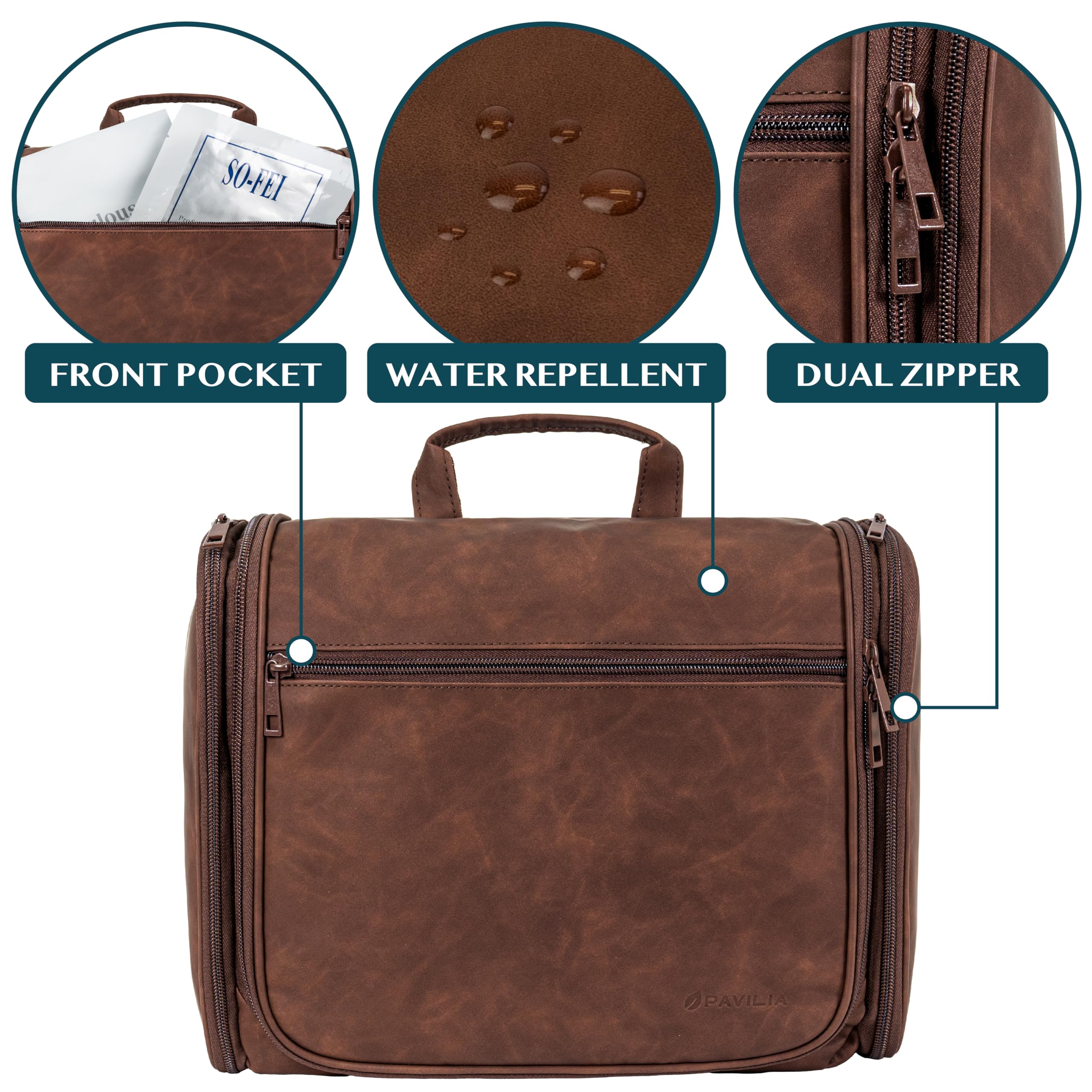 PAVILIA Large Hanging Toiletry Bag for Women & Men - PU Leather Water Resistant Cosmetic Organizer | Makeup Bag & Travel Essentials Kit (Brown) - Perfect for Vacation, Business Trips & Gym