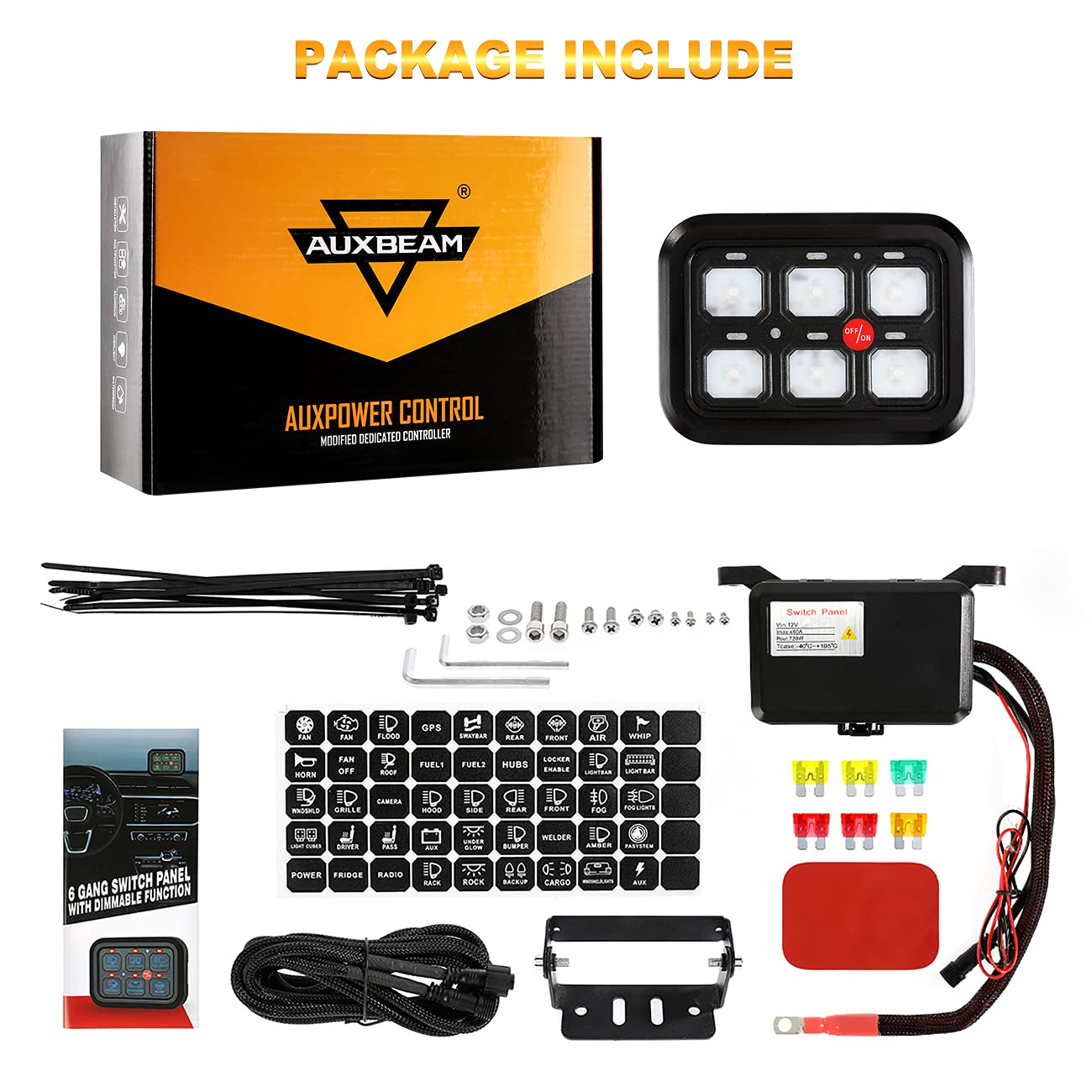 Auxbeam 6 Gang Switch Panel with 7in 300W 6-Mode Strobe LED Light Pod - Blue Backlit Off-Road Control Panel + 10FT Wiring Harness with Memory Function for Jeep, Truck, SUV, ATV & Marine Vehicles