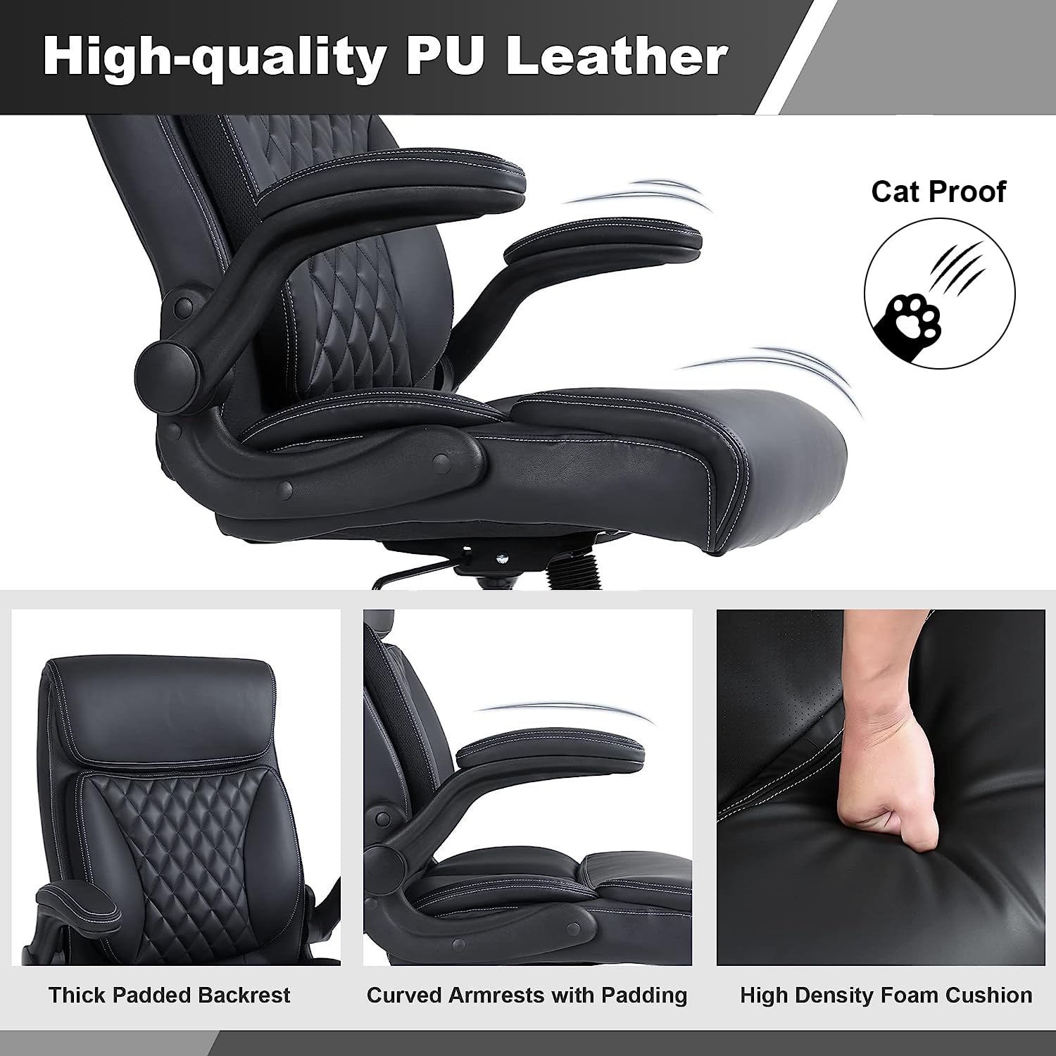 Premium Ergonomic Executive Office Chair - PU Leather Computer Desk Chair with Lumbar Support, Adjustable Height & Flip-Up Armrests - Home Office Chair for Comfort & Productivity - Perfect for Long Work Hours & Video Conferencing