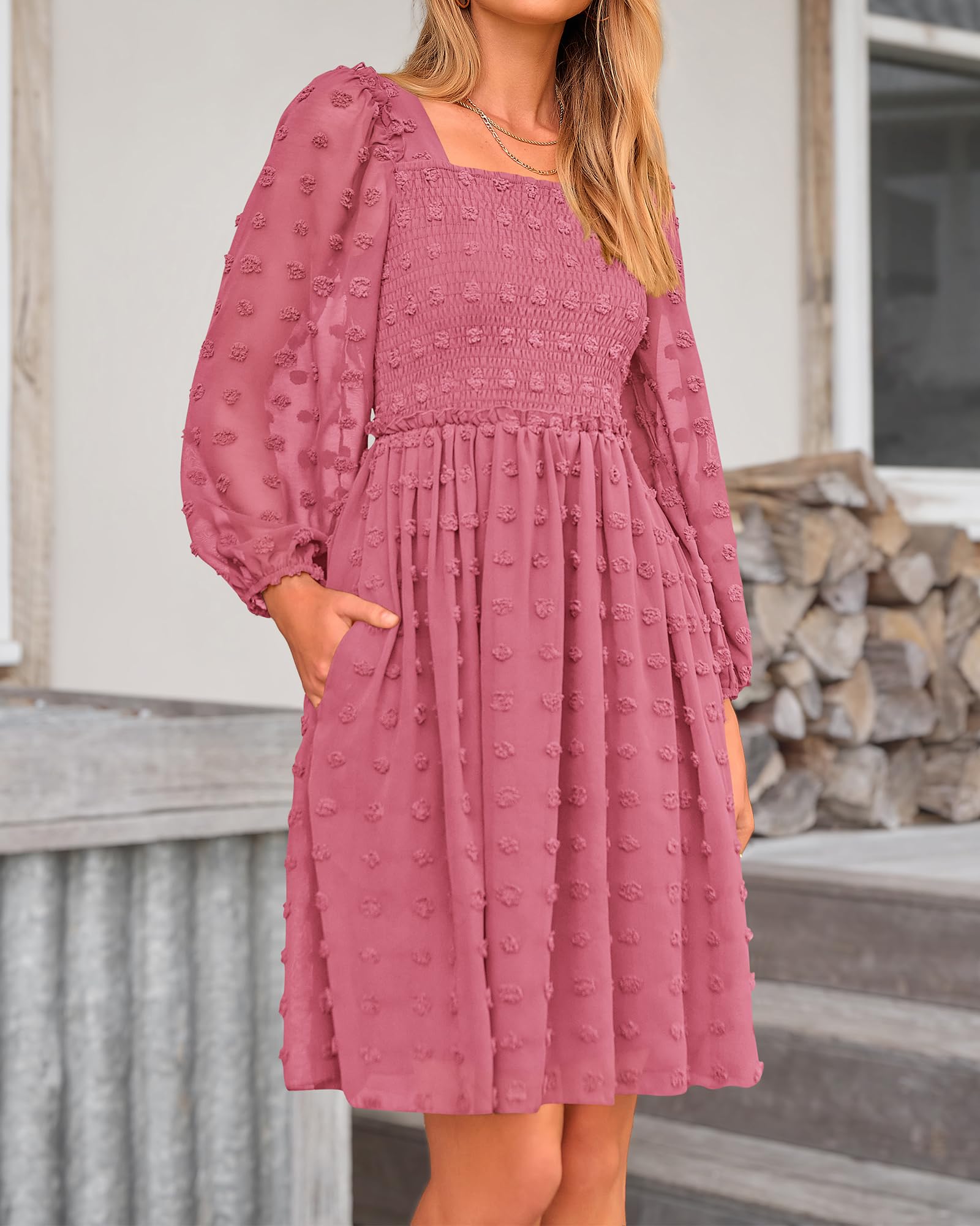 BTFBM Women's Floral Swiss Dot Smocked Mini Dress - Square Neck Long Sleeve Boho Wedding Guest Dress for Spring & Summer 2025 | Perfect for Garden Parties, Bridal Showers & Casual Outings