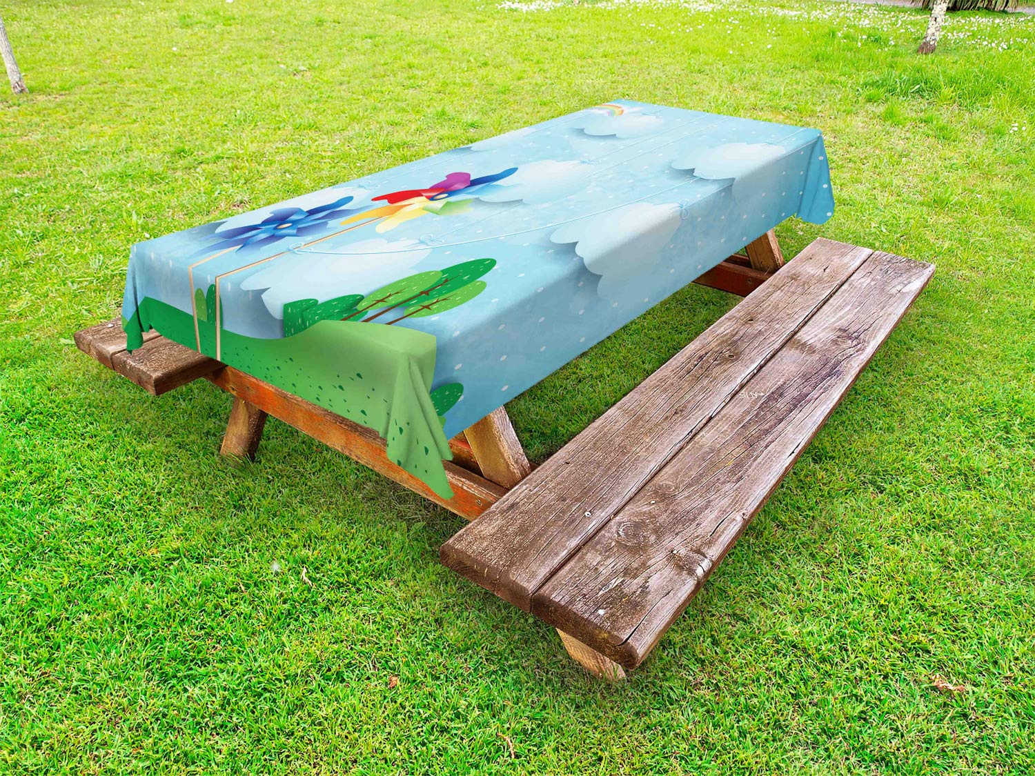 Ambesonne Pinwheel Outdoor Tablecloth - Surreal Cloud Sky Rainbow & Idyllic Meadow Fantasy Landscape - Washable Picnic Table Cover 58x104 Inches Multicolor - Perfect for Outdoor Dining, Garden Parties & Picnics