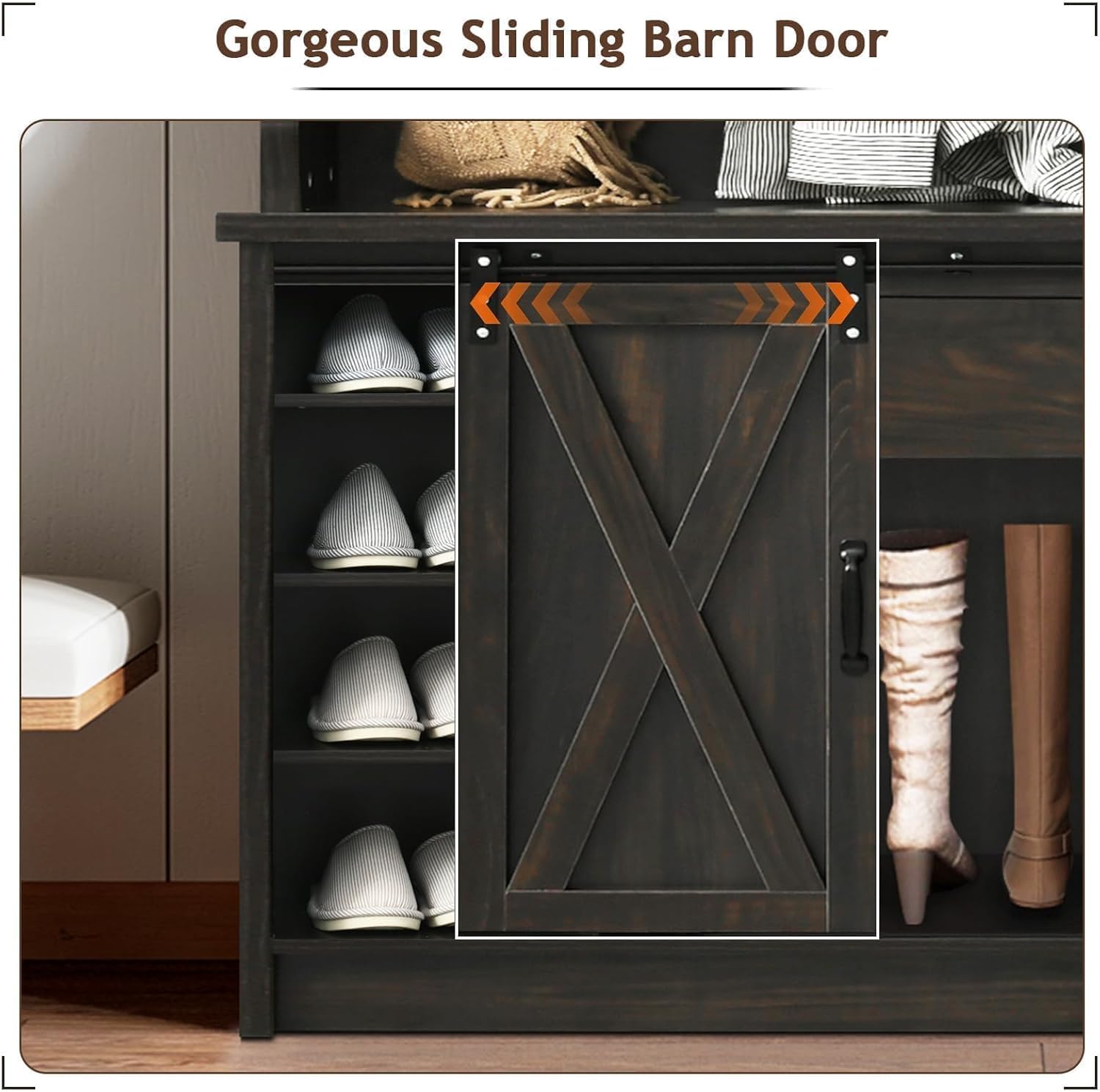 Farmhouse Hall Tree with Storage - Entryway Bench with 2 Sliding Barn Doors, Coat Rack & Shoe Organizer - Rustic Tall Hallway Furniture for Living Room, Foyer & Mudroom - Perfect for Home Entry Organization & Winter Gear Storage