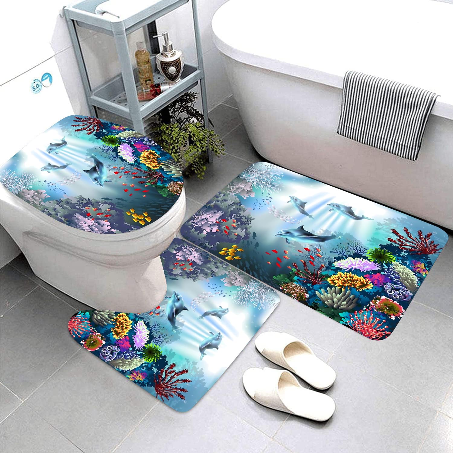 Bella Ocean Coral Reef and Wildlife Shower Curtain Set with Bath Rugs & Accessories - Waterproof Polyester Fabric & Memory Foam - Tropical Beach Theme Printed Bathroom Decor for Coastal, Nautical or Vacation Home Style