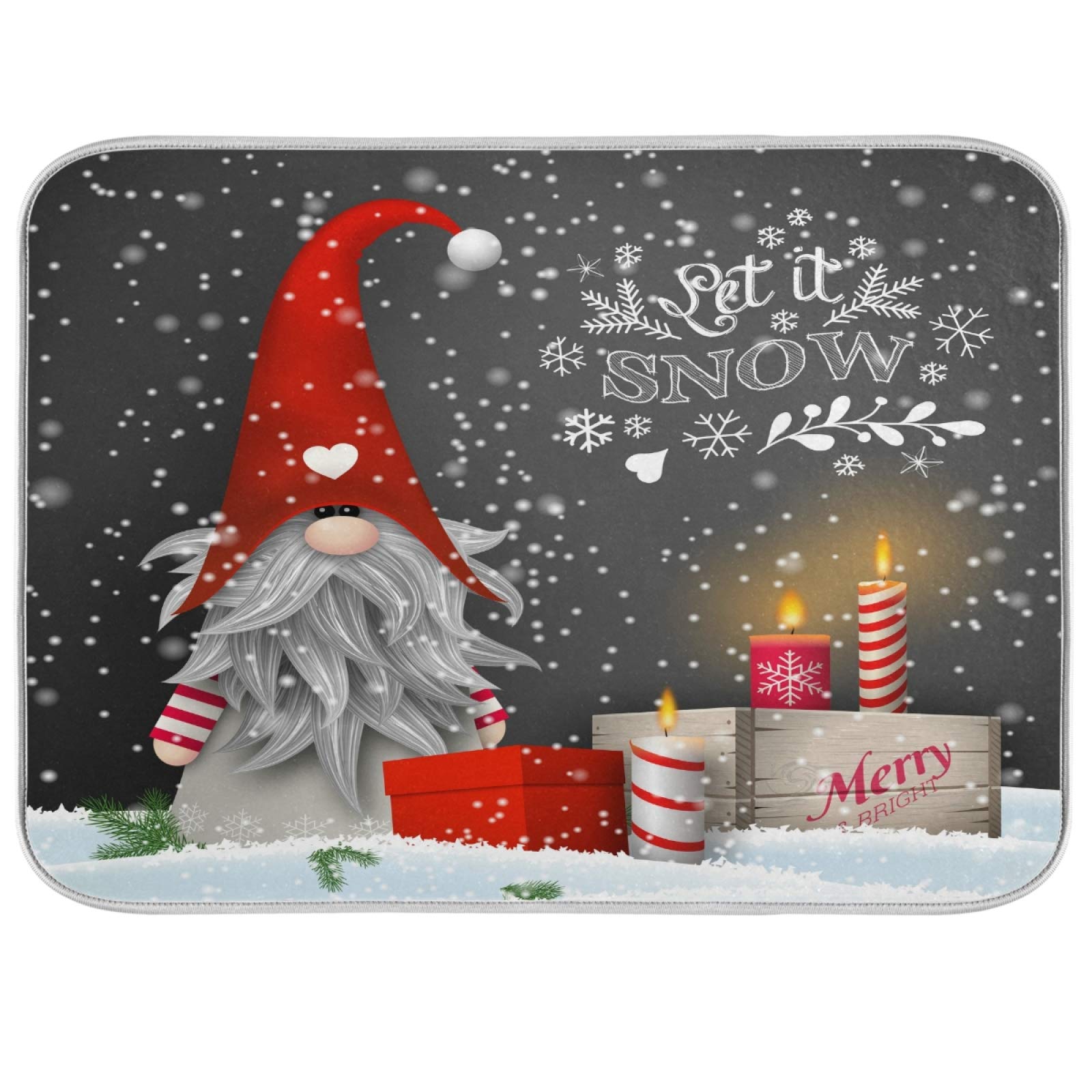 Christmas Gnome Dish Drying Mat - Large 18x24 Inch Reversible Microfiber Kitchen Counter Drainer Mat with Snowflake & Candle Design - Perfect for Holiday Dish Drying, Counter Protection & Festive Kitchen Decor