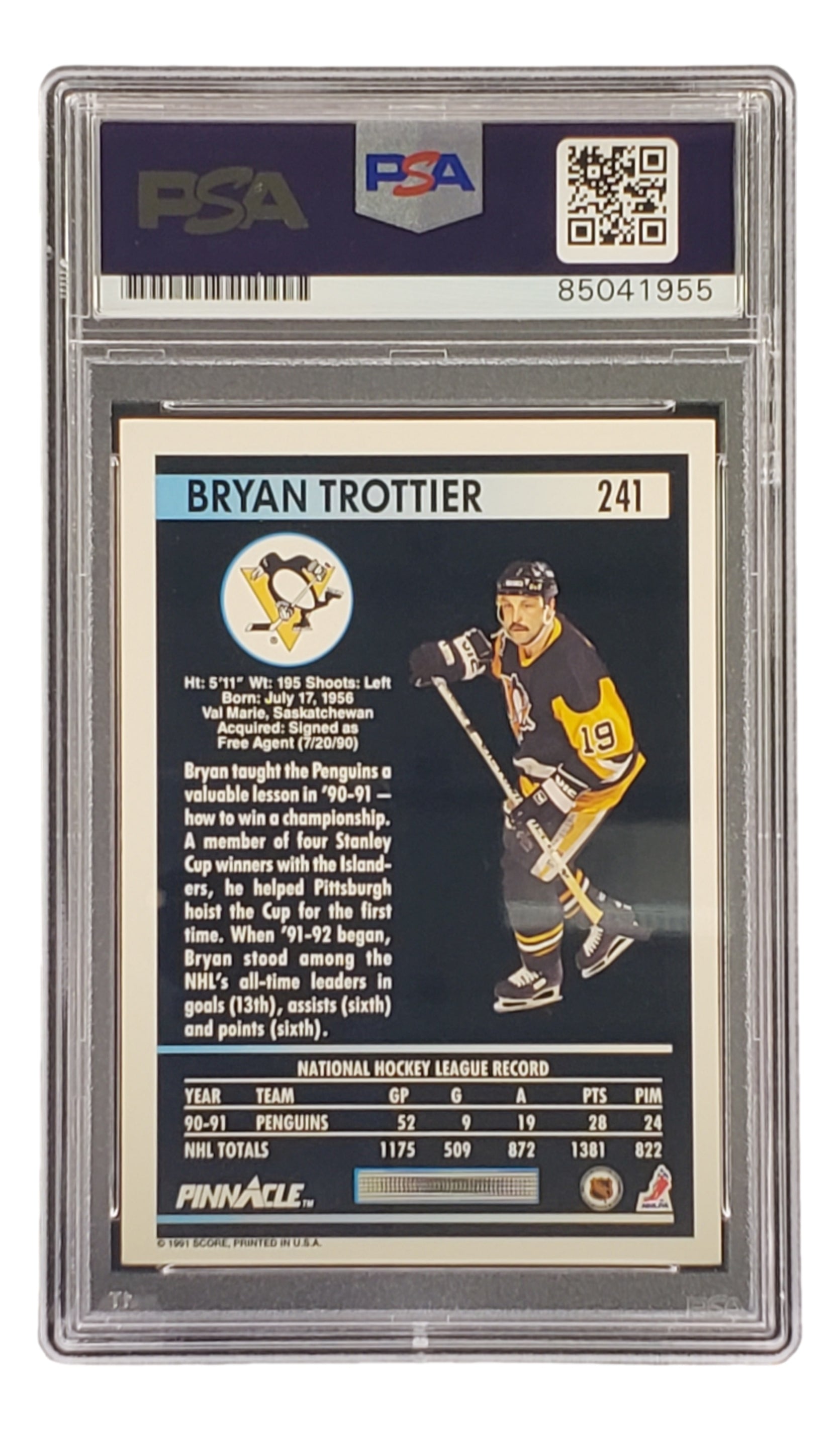 Bryan Trottier Autographed 1991 Pinnacle #241 Pittsburgh Penguins NHL Hockey Card - PSA/DNA Certified - Perfect for Hockey Memorabilia Collections & Sports Fan Gifts