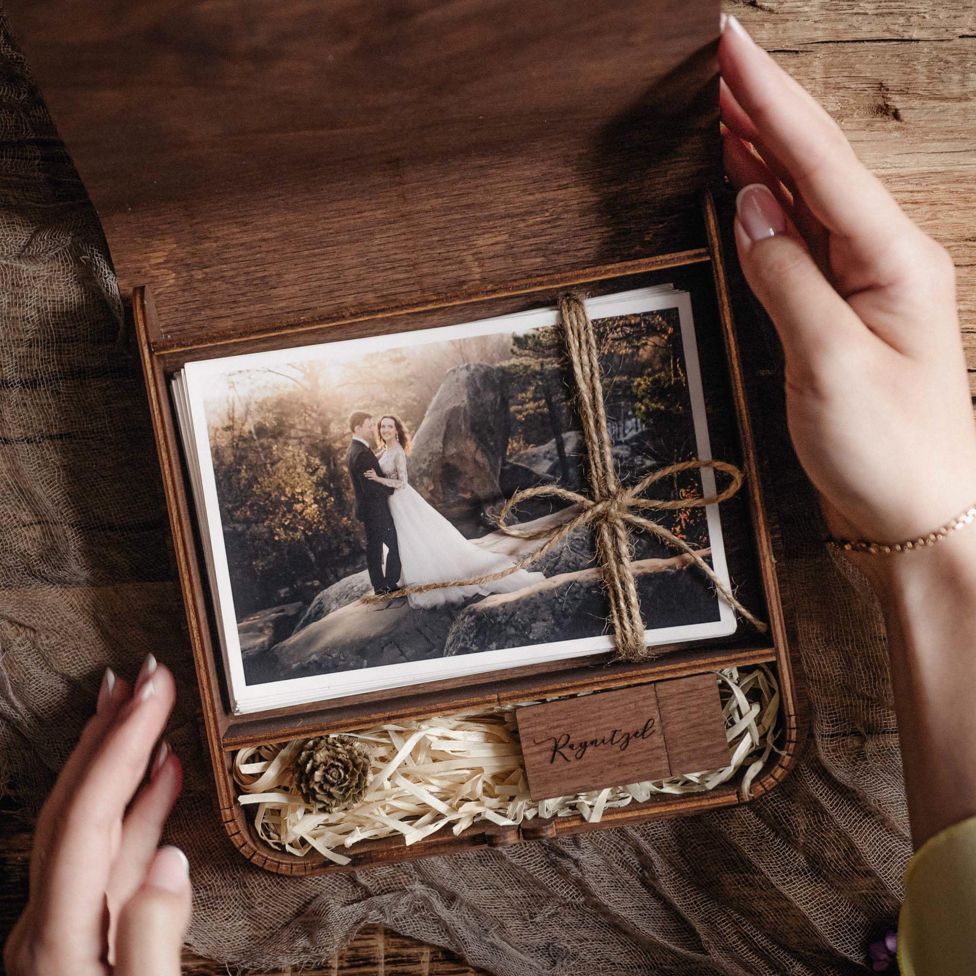 Personalized Wooden Wedding Photo Box with USB Drive - Custom Engraved Anniversary Gift for Couples - Walnut Keepsake Memory Box for 4x6