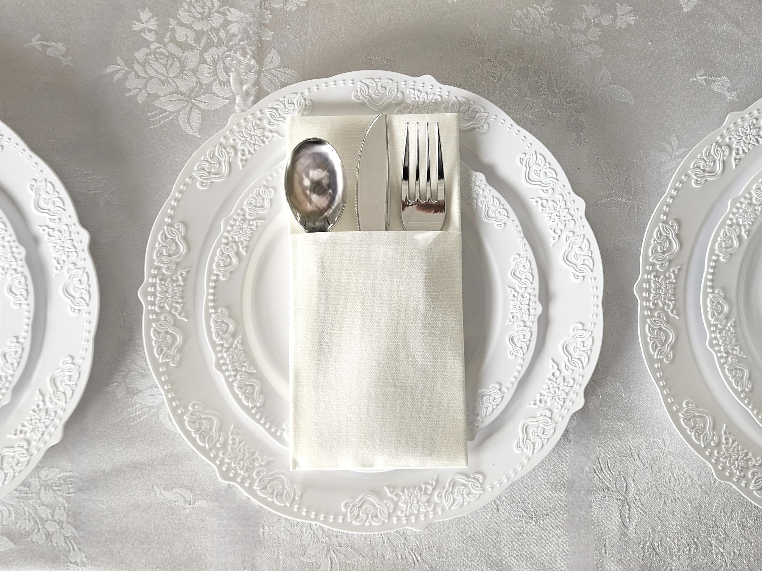 120-Piece Vintage Style Disposable Plastic Plates & Bowls Set - 10oz White Soup Bowls for Wedding, Party & Special Occasions | Elegant Dinnerware for Catering, Picnics & Events