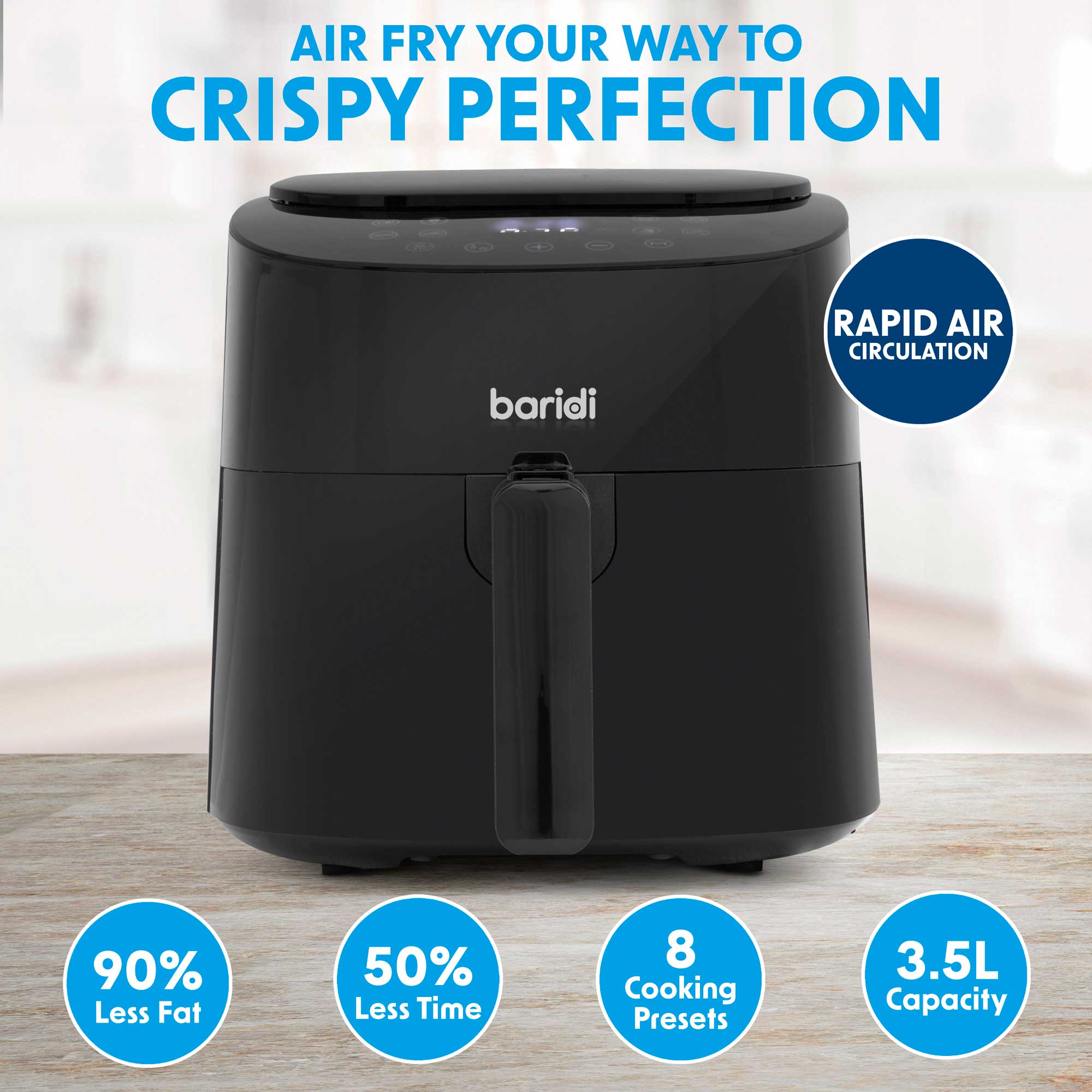 Baridi 3.5L Low Fat Air Fryer with Digital Rapid Air Oil-Free Circulation, 1300W, 8 Presets - Healthy Cooking for Family Meals, Snacks & Quick Dinners (Model DH60)