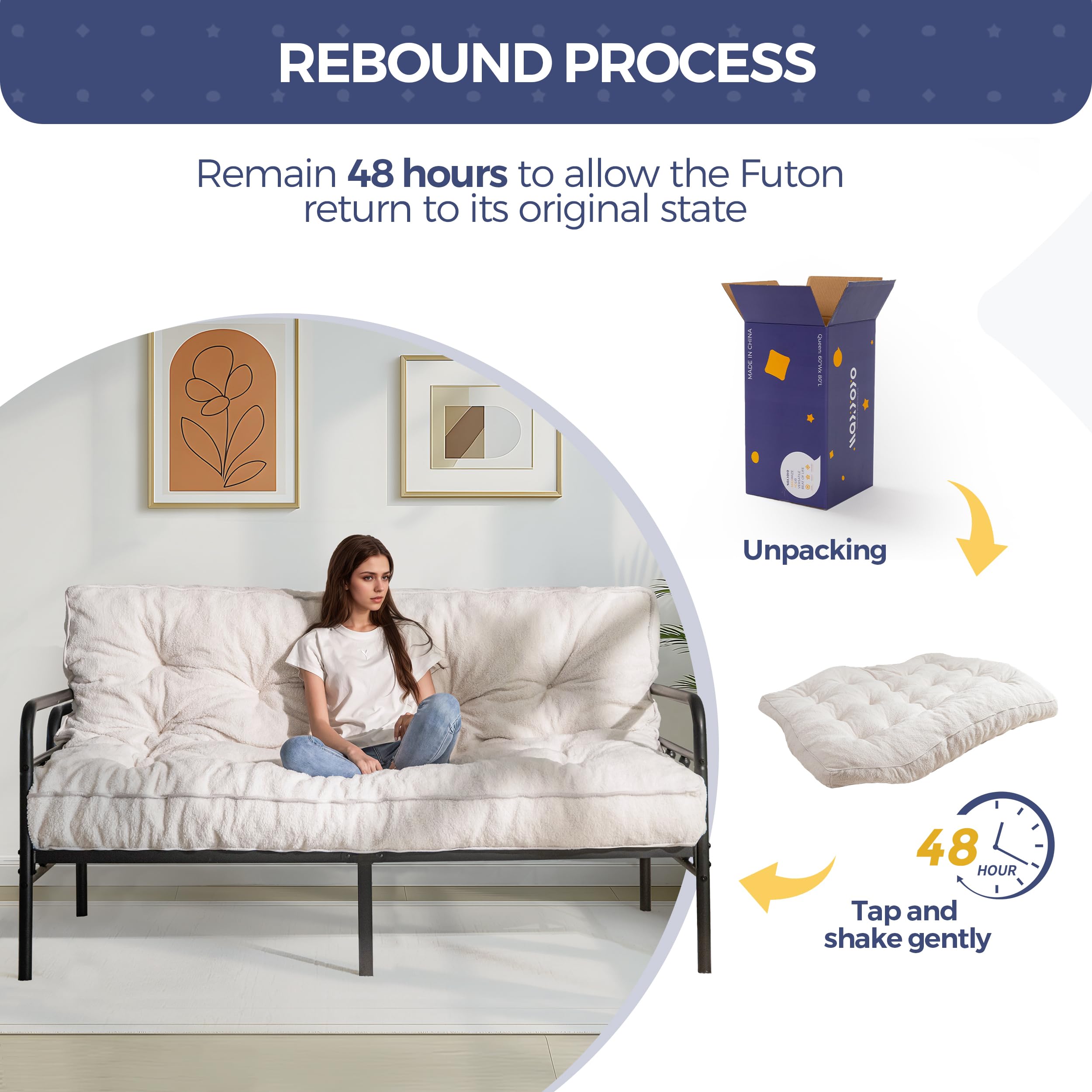 MAXYOYO 6-Inch Full Size Futon Mattress - Thick Boucle Sofa Bed with Shredded Foam Filling for Adults (Frame Not Included) | Perfect for Guest Rooms, Dorms, Apartments & Floor Sleeping - Beige