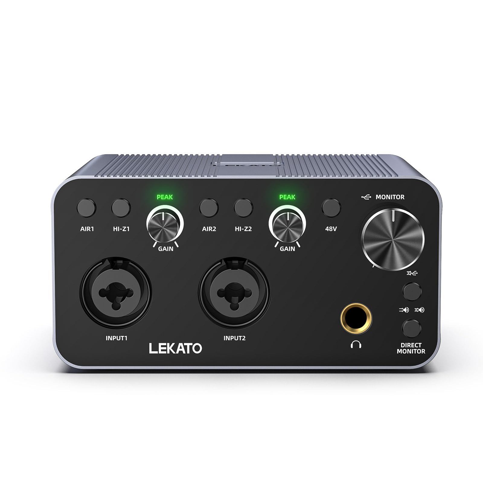 LEKATO 2i2 USB Audio Interface - 24-bit/192kHz Studio Recording Interface with XLR Inputs & 48V Phantom Power for Smartphones, Computers, Guitars, Podcasting & Music Production - Perfect for Home Studios, Live Streaming & Professional Recording Sessions