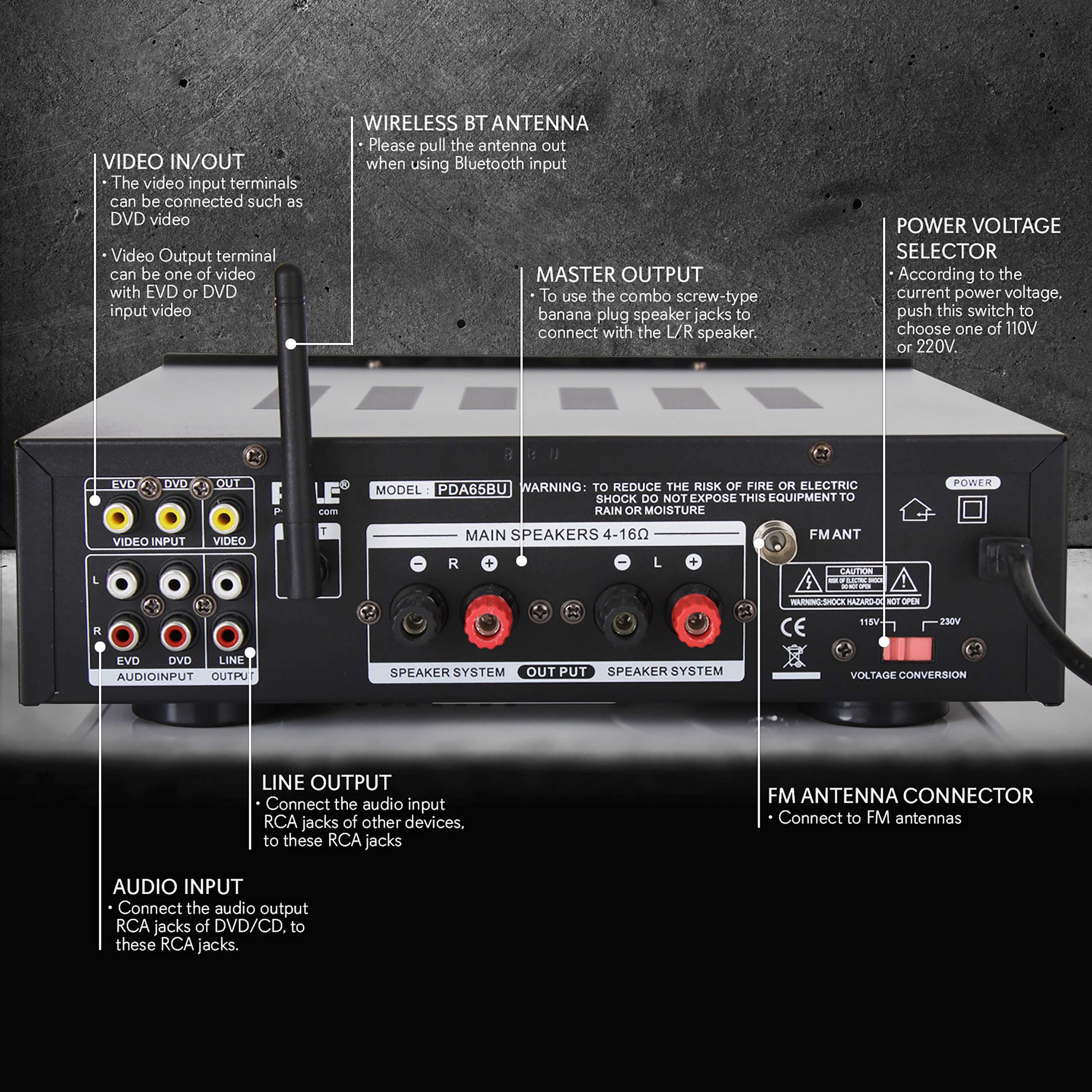 Pyle Wireless Bluetooth Power Amplifier System - 200W Dual Channel Stereo Receiver with USB, AUX, MIC Input & Echo, FM Radio - Home Theater & Studio Audio Amplifier for Parties, Karaoke, DJ Setup - Black (PDA65BU)