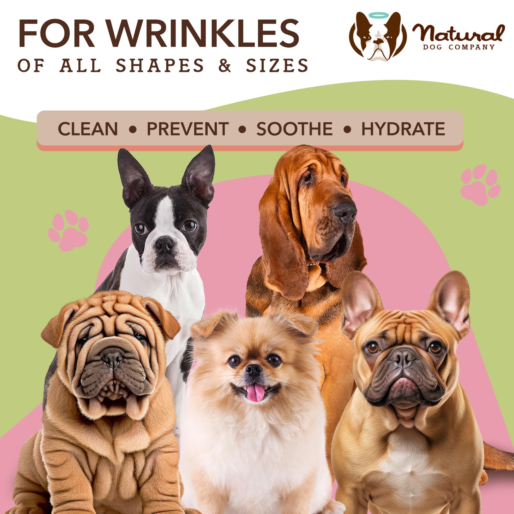 Natural Dog Wrinkle Wipes for Dogs - Hypoallergenic Grooming Wipes for French Bulldogs, Paws & Butts - 50 Count, Cleaning & Deodorizing - Perfect for Daily Face Cleaning, Post-Walk Paw Care & Odor Control