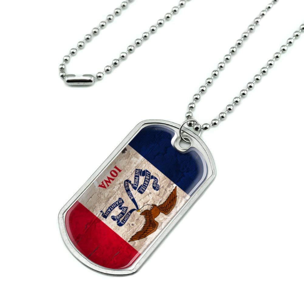 Vintage Rustic Iowa State Flag Distressed USA Military Dog Tag Pendant Necklace with Chain - Perfect for College Fans, Military Appreciation & Patriotic Gifts